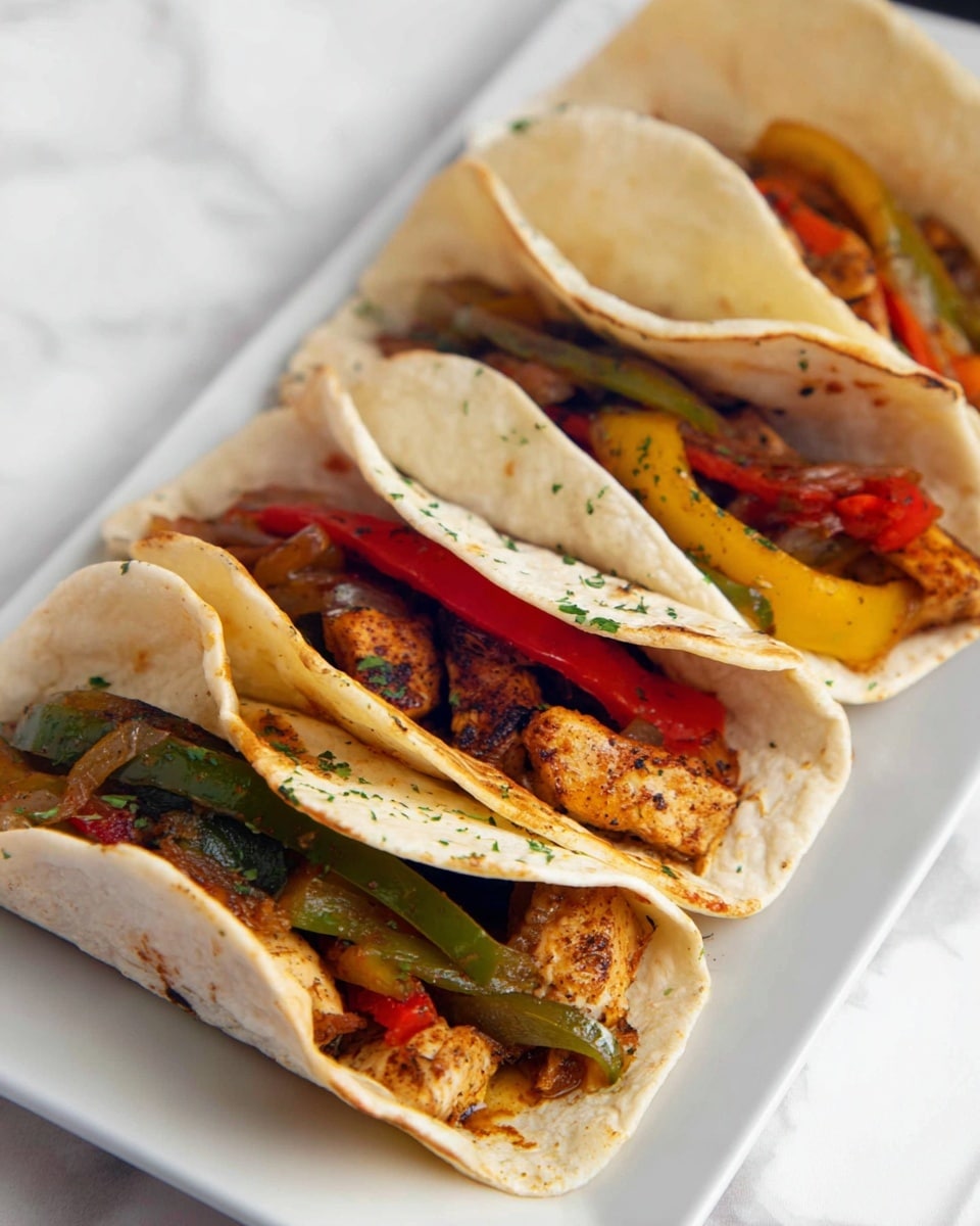The image shows a close-up of a dish with colorful cooked chicken and sliced bell peppers in red, yellow, and green mixed with onions, all slightly charred and coated in seasoning. On the top right, there is a stack of white soft tortillas placed neatly in a curved line. The food sits on a white marbled surface, highlighting the vibrant colors and textures of the cooked ingredients. The mixture looks juicy and well-cooked with a slightly glossy finish. photo taken with an iphone --ar 4:5 --v 7