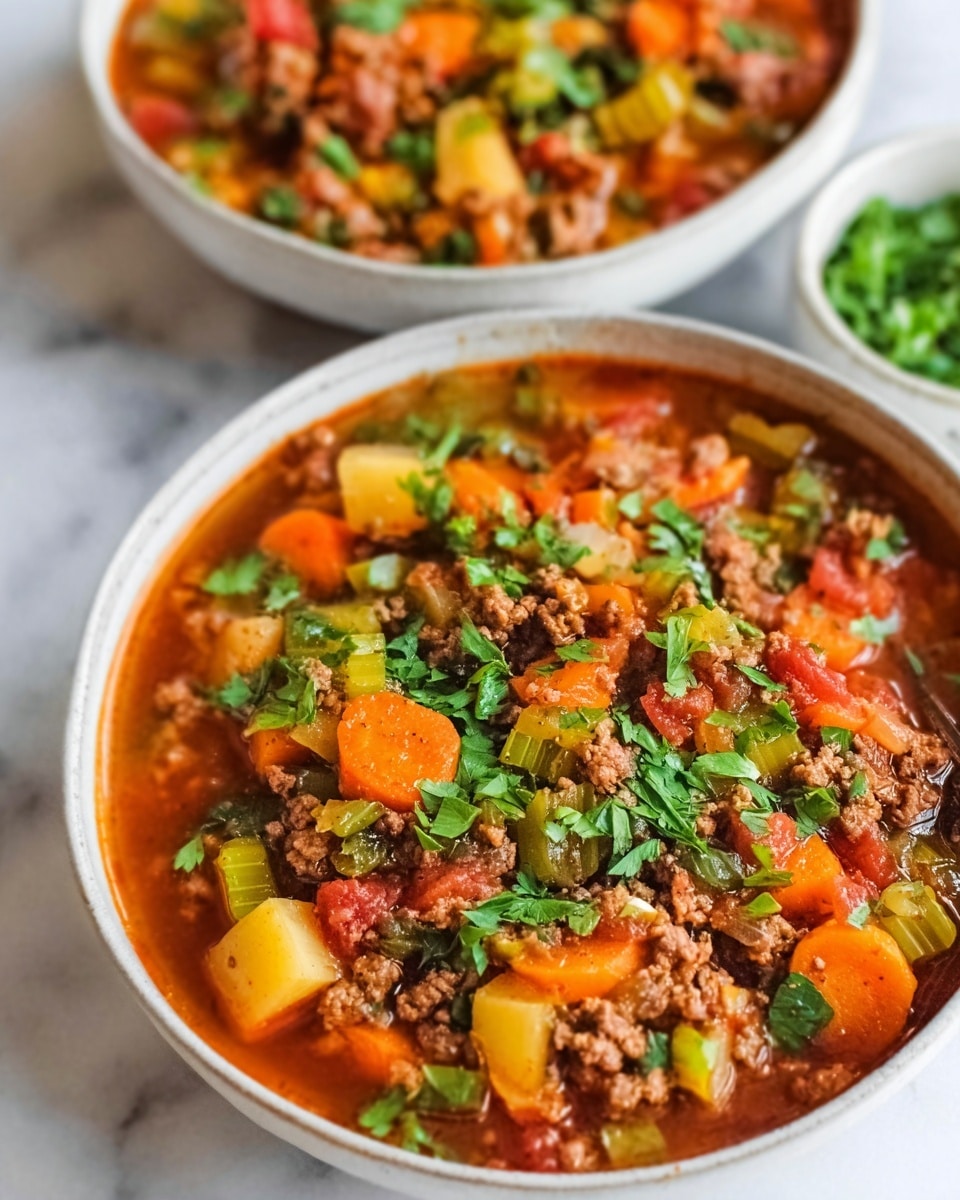A white bowl filled with a chunky soup showing around five layers of ingredients visible on the surface: bright yellow corn kernels, small pieces of orange carrots, diced green celery, deep red tomatoes, and crumbled brown cooked ground beef. The soup broth is rich and dark reddish-brown, surrounding the colorful vegetable and meat bits with a slightly oily shine. The white bowl sits on a white marbled textured surface. The photo taken with an iphone --ar 4:5 --v 7