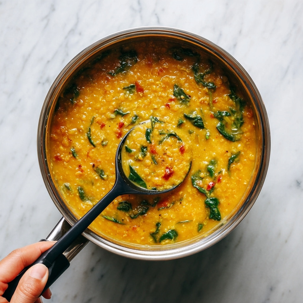 A close-up image of a pot filled with thick, yellow-orange cooked lentil soup mixed with small pieces of green leaves and red bits, showing a texture that is creamy but also slightly chunky. A black spoon is lifting some soup from the pot, held by a woman's hand, highlighting the soup’s rich, hearty consistency. The pot sits on a white marbled textured surface, contrasting with the bright, warm color of the soup. Photo taken with an iphone --ar 4:5 --v 7