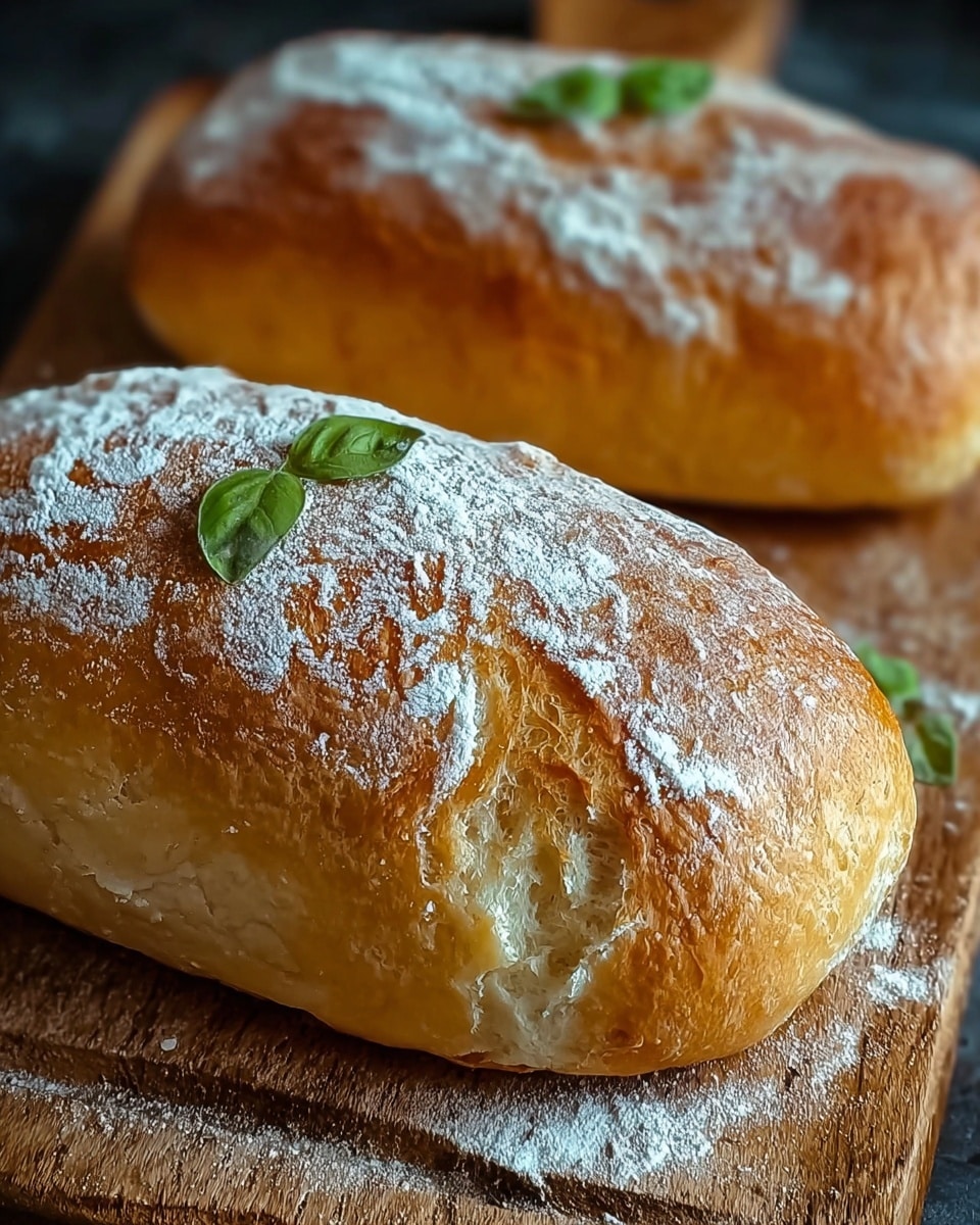Two golden brown loaves of crusty bread rest side by side on a wooden board. Each loaf has a rough, uneven surface with cracks showing the soft inner texture beneath the crispy crust. Light dustings of white flour decorate the tops, contrasting with the rich browns and hints of darker toasted spots. Small green leaves sit on top of the loaf in front, adding a splash of fresh color. The background is a blurred white marbled texture, focusing all attention on the warm, inviting bread. photo taken with an iphone --ar 4:5 --v 7