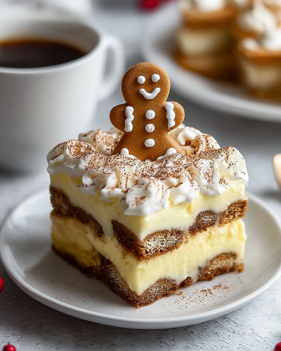 A square slice of layered dessert on a white plate sits on a white marbled surface. The bottom layer consists of a dark brown, textured cookie base, followed by a thick, smooth yellow cream layer. Above this is another layer of the same dark brown cookies, topped again with the yellow cream. The dessert is finished with fluffy white whipped cream sprinkled lightly with cocoa powder. A small gingerbread man cookie with white icing details is placed standing upright in the middle of the whipped cream. A blurred white cup of coffee appears in the background. Photo taken with an iphone --ar 4:5 --v 7