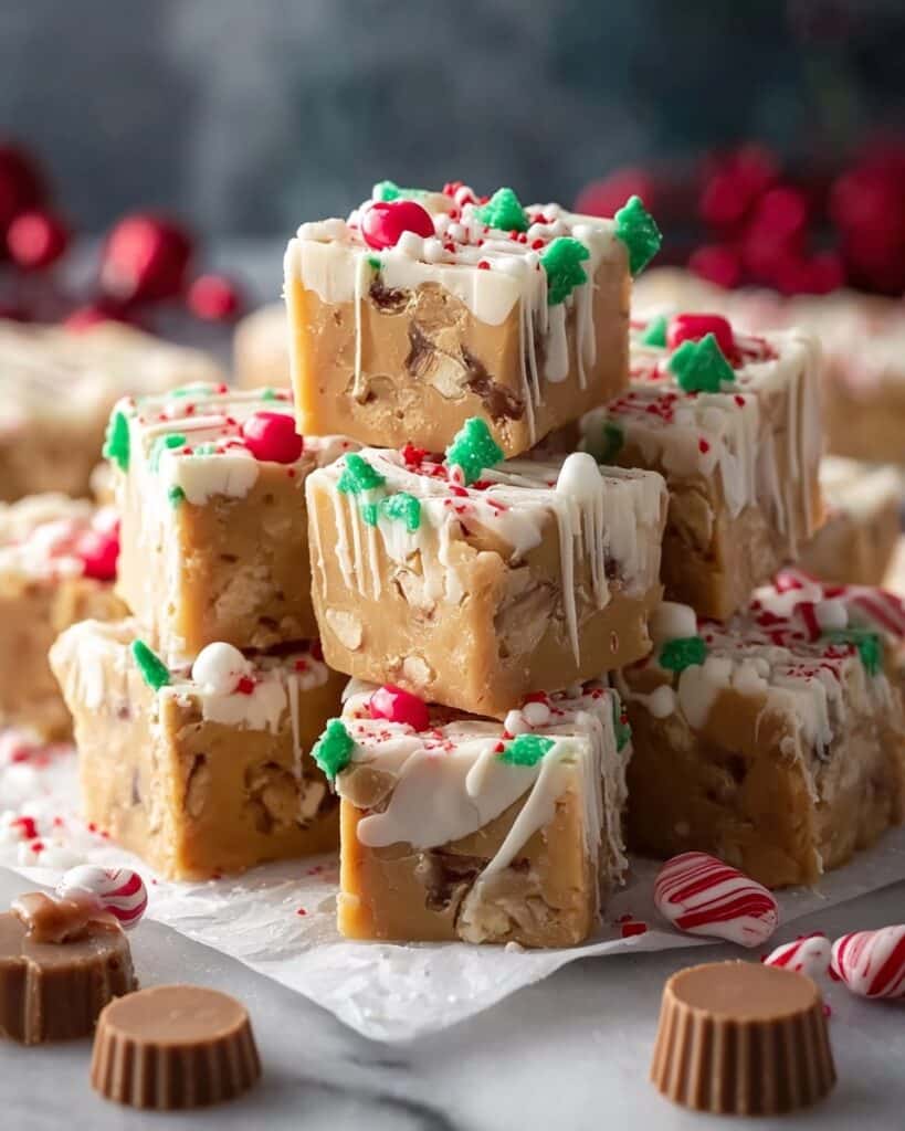 Holiday Peanut Butter Fudge Squares with Candy Canes and Sprinkles Recipe