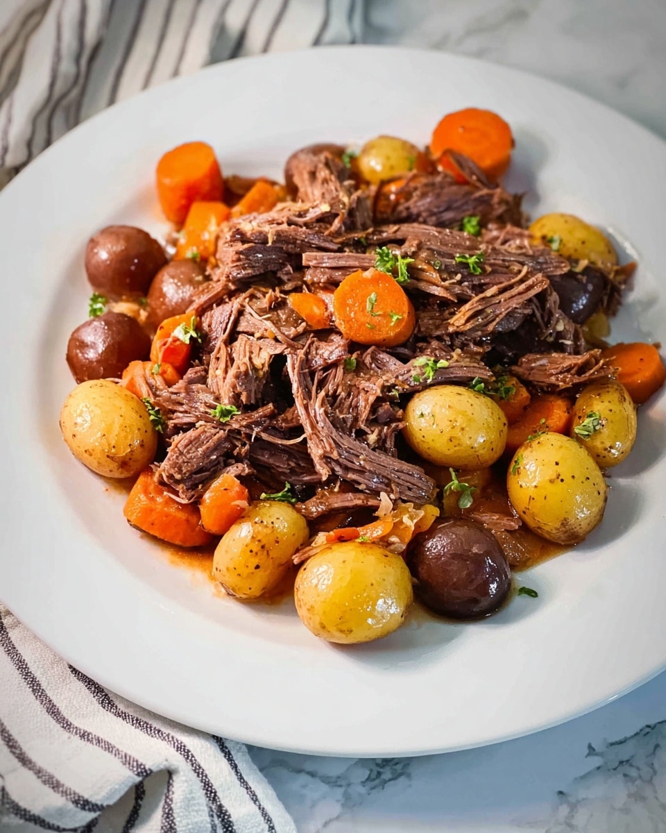A white plate filled with a hearty mix of shredded, tender brown beef, surrounded by chunks of light brown roasted potatoes and thick pieces of orange carrots. The beef and vegetables are layered closely together, with some green herbs sprinkled on top for a fresh touch. The texture of the beef looks soft and juicy, while the potatoes have a smooth, roasted surface. The carrots add a bright color contrast, and the overall dish looks warm and inviting, placed on a white marbled surface. photo taken with an iphone --ar 4:5 --v 7