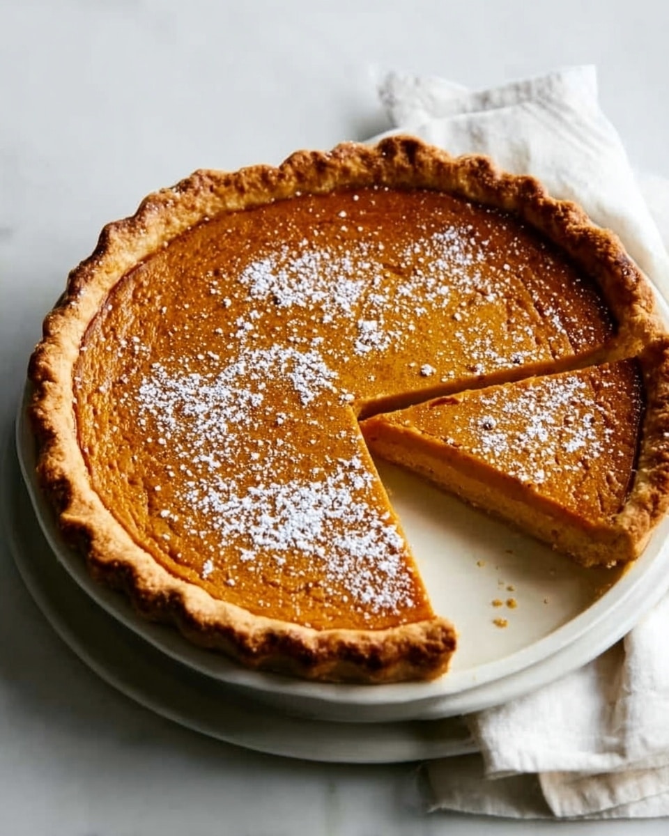 The image shows a partially eaten pie with a golden brown, slightly rough textured top layer sprinkled with coarse salt crystals. The pie is in a white pie dish with a thick, crimped crust around the edge that is a light golden brown color. The filling underneath the top layer is darker brown and has a slightly uneven surface. A pie server with a wooden handle and a silver triangular blade is resting inside the pie dish, partially under the pie crust where the slice has been removed. The dish sits on a white marbled surface with a light gray cloth nearby. photo taken with an iphone --ar 4:5 --v 7