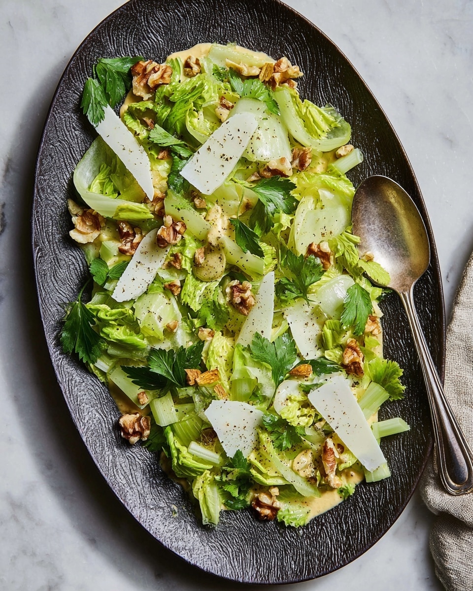 The dish shows a white textured plate with three main layers: the bottom layer is a spread of creamy yellow sauce, above it is a fresh mix of pale green celery stalks cut in chunks with leafy green celery leaves, and the top layer consists of thin, white slices of pecorino cheese scattered on the salad. Small clusters of light brown walnuts are distributed throughout the salad, along with a light sprinkle of black pepper over all the ingredients. A golden spoon rests on the right edge of the plate, all placed on a white marbled texture surface. Photo taken with an iphone --ar 4:5 --v 7