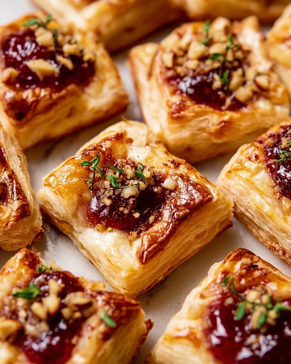 The image shows several small puff pastry squares with three visible layers of flaky, golden-brown crust that are slightly folded around the edges. Each pastry square has a shiny red layer of jam or fruit preserve in the center, topped with chopped nuts that add a crunchy texture. Small green herb leaves, likely thyme, are scattered on top of the pastries, adding a fresh green color contrast. The pastries are arranged closely together on a white marbled surface, highlighting their rich, warm colors. photo taken with an iphone --ar 4:5 --v 7