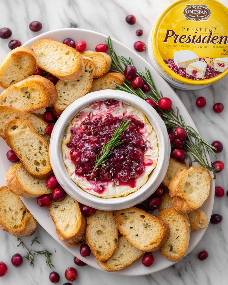 A close-up image shows a round white ramekin filled with a creamy dip that has swirled layers of light purple and white with visible chunks of red berries, giving it a textured look. A woman's hand is dipping a golden toasted bread slice with small holes into the dip, coating it thickly. Around the ramekin on a white plate, there are several more toasted bread slices arranged casually, with a sprig of green herbs placed near the edge. The whole scene is set on a white marbled surface, with soft natural lighting highlighting the colors and textures of the dip and bread. photo taken with an iphone --ar 4:5 --v 7