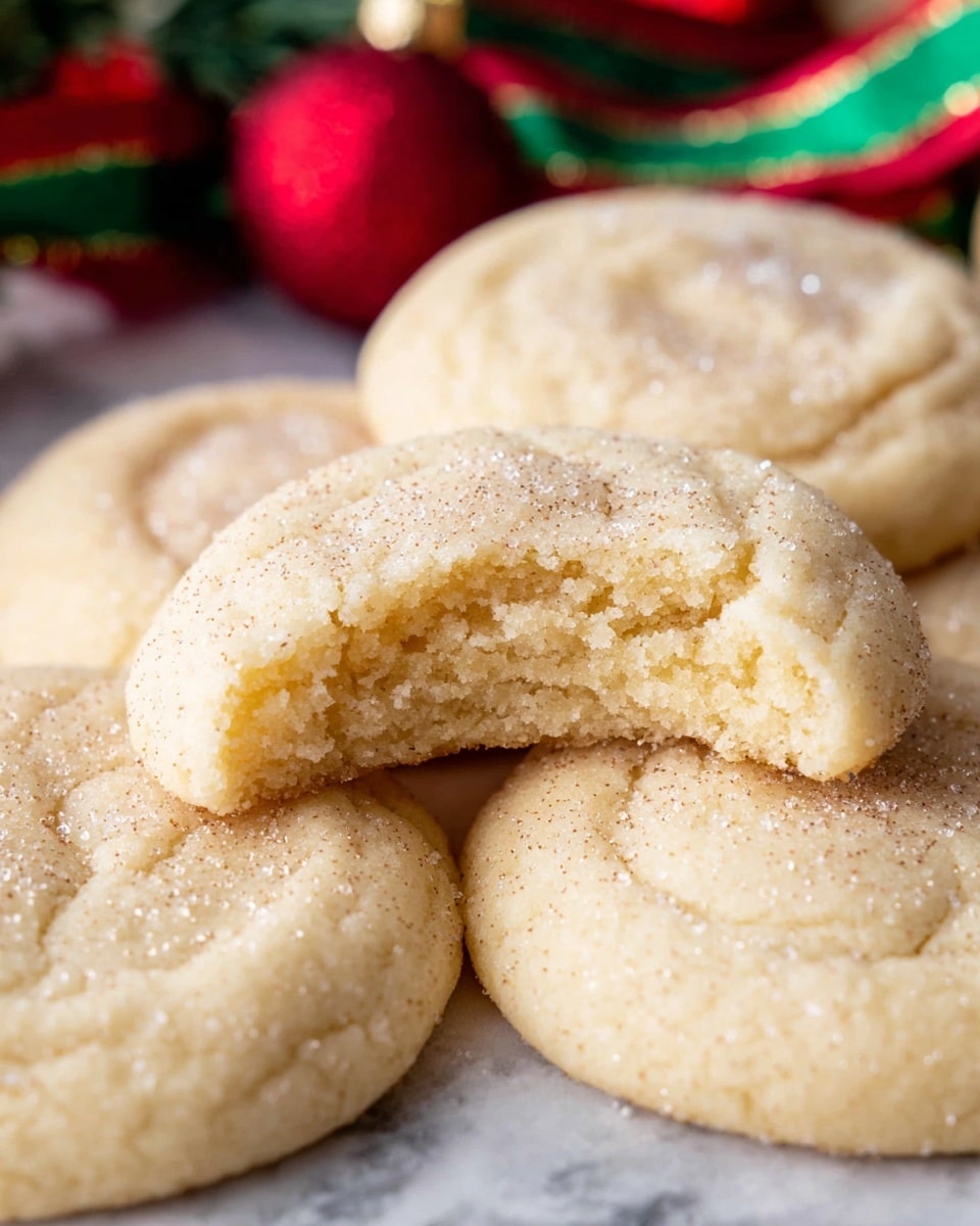 A close-up view of several soft round sugar cookies laid overlapping on a piece of brown parchment paper on a wooden surface with a white marbled texture. Each cookie has a light golden color with a fine layer of white sugar sprinkled evenly on top, giving a slightly grainy texture. A small white bowl filled with granulated sugar is on the left side. Around the cookies, there are small red Christmas ornaments and a red and green plaid ribbon to add festive decoration. photo taken with an iphone --ar 4:5 --v 7