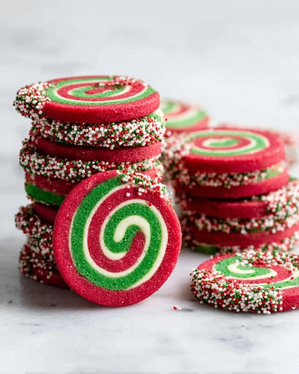 On a round white plate with red edges and red snowflakes, there is a pile of round spiral cookies. Each cookie has three color layers: an outer red layer with a sugar texture, a middle white layer, and an inner green layer. The cookies are thick and stacked slightly on top of each other, showing their colorful swirl pattern. The plate is placed on a white marbled surface with a red mug and a glass of milk nearby, along with a gray and white cloth at the bottom right corner. Photo taken with an iphone --ar 4:5 --v 7
