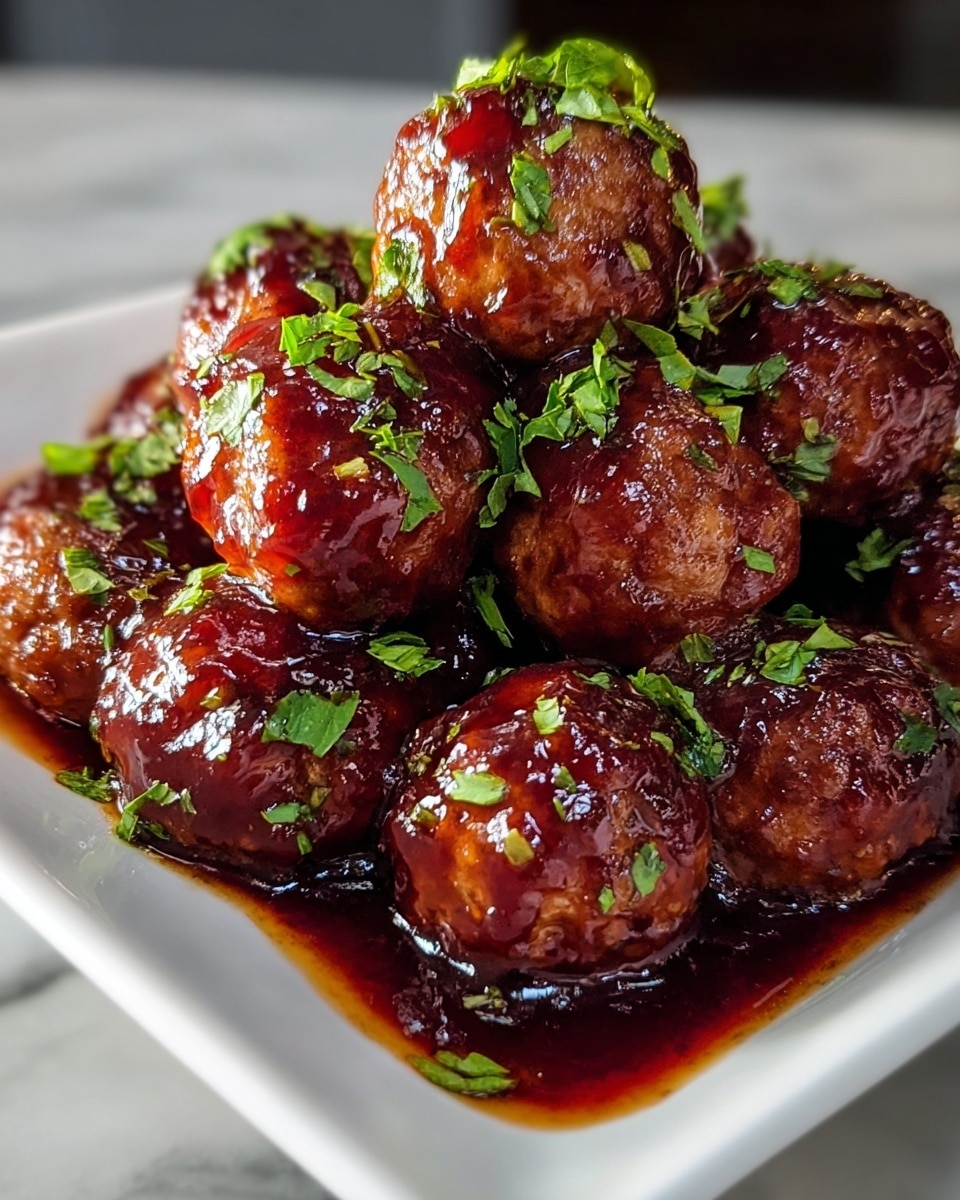 A white square plate holds about twenty small round meatballs covered in thick, shiny dark reddish-brown sauce. The sauce pools slightly around the base, giving a glossy wet look. Bright green chopped herbs are sprinkled evenly on top, adding fresh color contrast against the rich meatballs and sauce. The texture of the meatballs is visible under the sauce, showing a browned, slightly crispy surface. The background is a white marbled texture, keeping the focus fully on the vibrant meatballs. photo taken with an iphone --ar 4:5 --v 7