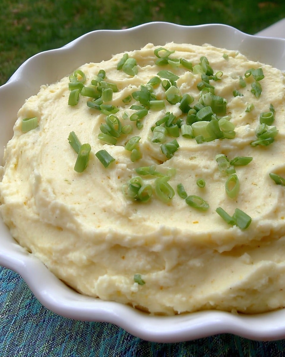 The image shows a bowl of creamy mashed potatoes that fills the white bowl fully. The mashed potatoes have a smooth and fluffy texture with gentle swirls and peaks on the surface. Scattered evenly on top are bright green slices of chopped scallions, adding a fresh look with varied thickness. The bowl is placed outdoors with a soft-focus background of green grass, but the foreground surface is not visible. The colors are natural and warm, making the dish look freshly made and inviting. Photo taken with an iphone --ar 4:5 --v 7