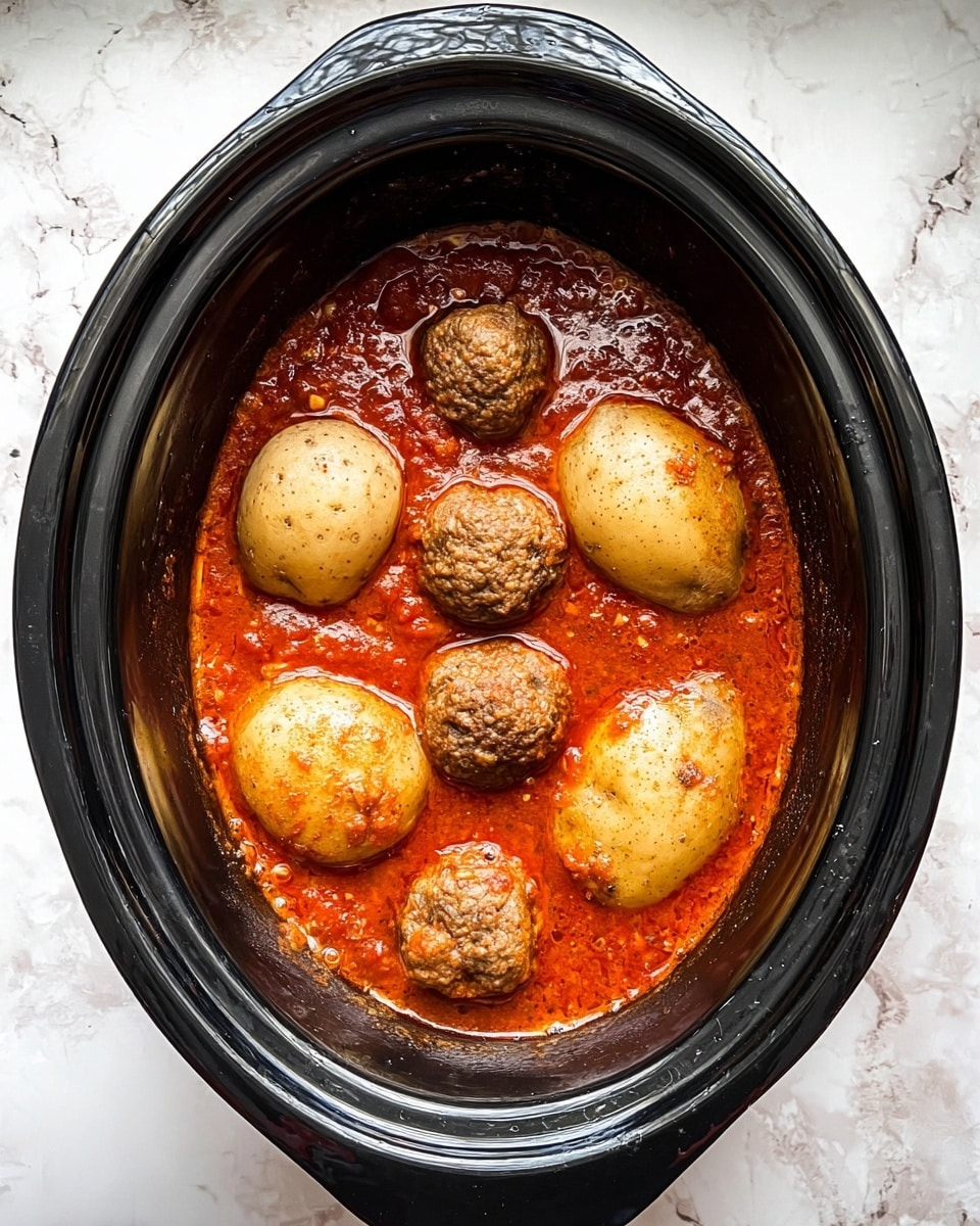 A black slow cooker filled with a rich, red-orange tomato sauce base with a slightly oily surface. There are round, browned meatballs arranged in a ring near the edges, their textures rough and crumbly. Four whole, light brown potatoes with smooth skins are placed on top, three near the bottom center and one near the top center, partially submerged in the sauce. The inside of the cooker glistens with the oily sauce. The background is a white marbled texture. Photo taken with an iphone --ar 4:5 --v 7