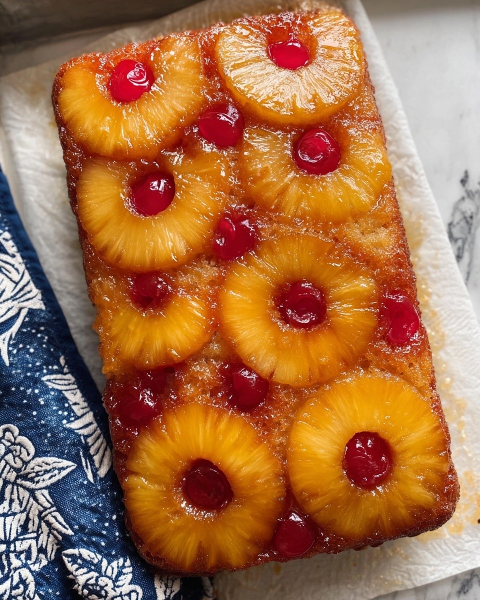 A rectangular upside-down cake with one layer is shown, featuring a shiny golden-brown caramelized surface topped with thick yellow pineapple rings arranged in three rows and three columns. Inside each pineapple ring is a bright red cherry, and additional cherries are scattered between the rings. The texture looks moist and sticky from the caramel glaze. The cake sits on white parchment paper placed on a white marbled surface with a navy blue and white patterned cloth nearby. Photo taken with an iphone --ar 4:5 --v 7