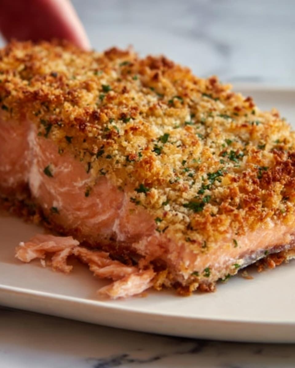 A close-up view of a single piece of salmon topped with a golden-brown crust made of crispy breadcrumbs and chopped herbs. The salmon layer under the topping is light pink with a soft and moist texture, while the crust on top appears crunchy with some darker toasted spots. This thick, rectangular piece sits on a plain white plate against a white marbled surface background, showing the contrast between the salmon and its crispy topping. photo taken with an iphone --ar 4:5 --v 7