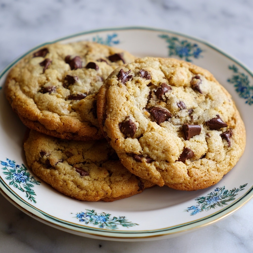 Three thick, round chocolate chip cookies with a light golden brown color and a soft, slightly crinkled texture are stacked closely together on a white plate that has a blue and green floral design around the rim. The chocolate chips are large and dark, scattered unevenly on the surface and partly embedded within each cookie. The plate sits on a white marbled texture. photo taken with an iphone --ar 4:5 --v 7