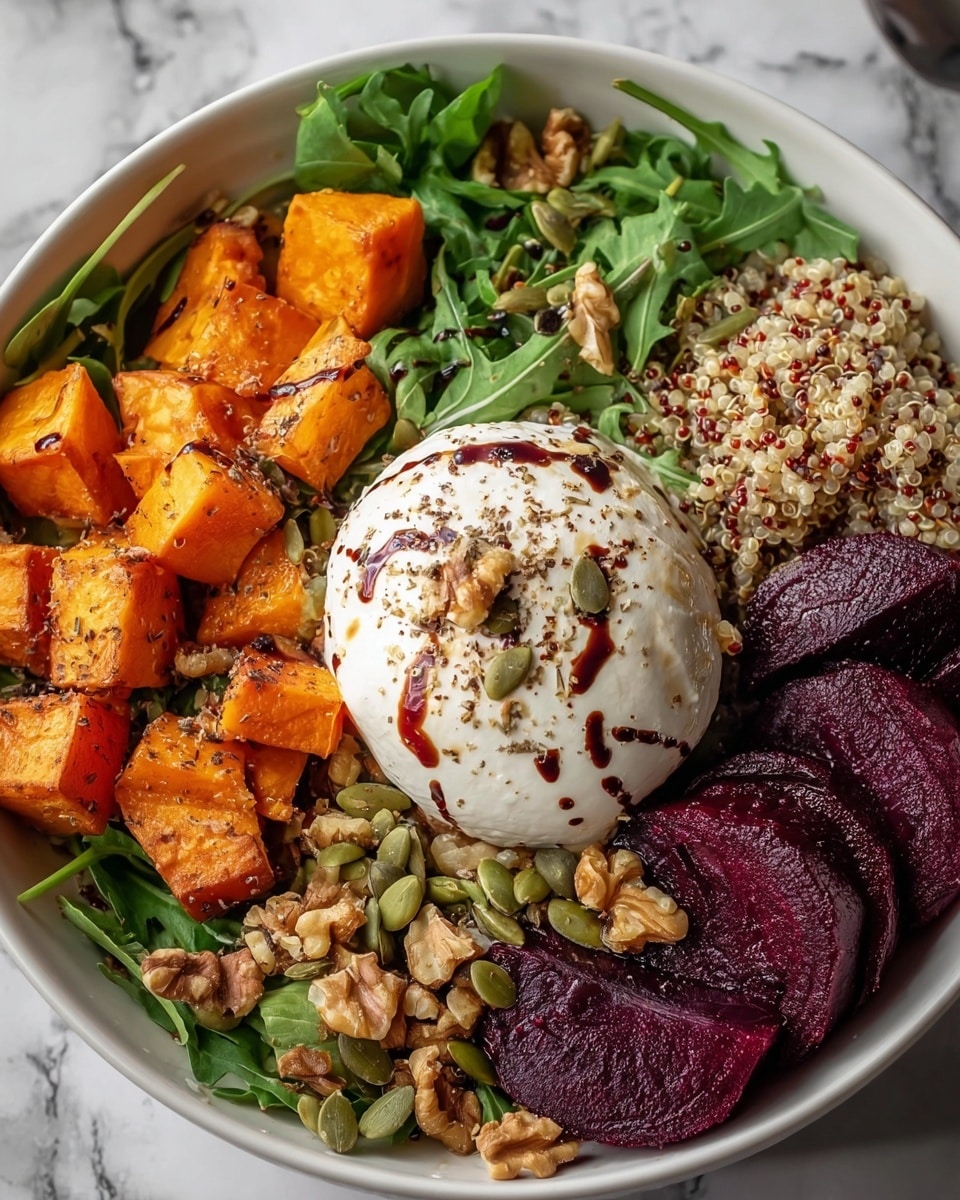 The dish is a bright, colorful bowl with five main layers arranged in sections. On one side, there are large orange cubes of roasted sweet potatoes with a slightly crispy texture, sprinkled with herbs and pumpkin seeds. Next to it is a fresh layer of green arugula leaves topped with several walnut halves. Across from the arugula is a portion of cooked quinoa, its grains looking soft and fluffy, showing a mix of light beige and dark red colors. Below the quinoa are thick slices of deep purple roasted beets, also sprinkled with pumpkin seeds and walnuts. In the center sits a round ball of creamy white cheese drizzled with dark balsamic glaze, garnished with more walnuts and pumpkin seeds. The bowl is white and set on a white marbled surface. photo taken with an iphone --ar 4:5 --v 7