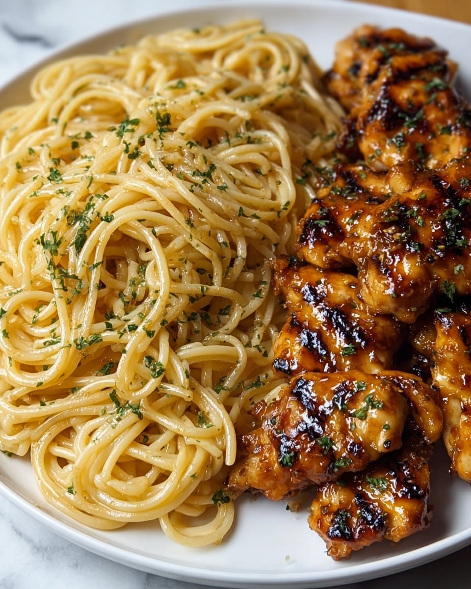 On a white plate set on a white marbled surface, there are two main parts: on the left side, a large heap of creamy pasta noodles with a light yellow color, smooth texture, and small green herb pieces sprinkled on top; on the right side, several pieces of grilled chicken with a shiny, caramelized brown glaze, slightly charred spots, and a few green herbs scattered over them. The pasta and chicken are placed closely but clearly separated, filling the plate evenly. Photo taken with an iphone --ar 4:5 --v 7