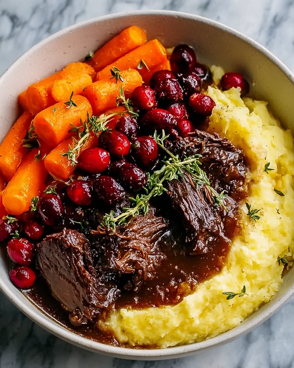 A white speckled bowl filled with a hearty meal shows three layers: at the bottom, a creamy, pale mashed potato layer with a soft texture; next, on one side, several orange carrot pieces with a smooth and shiny look, partially covered with sauce; in the center top, thick slices of dark brown, tender meat covered in a rich, glossy brown gravy. Bright red cranberries and fresh green thyme sprigs scatter on top, adding vibrant color and freshness. The bowl sits on a white marbled surface. photo taken with an iphone --ar 4:5 --v 7