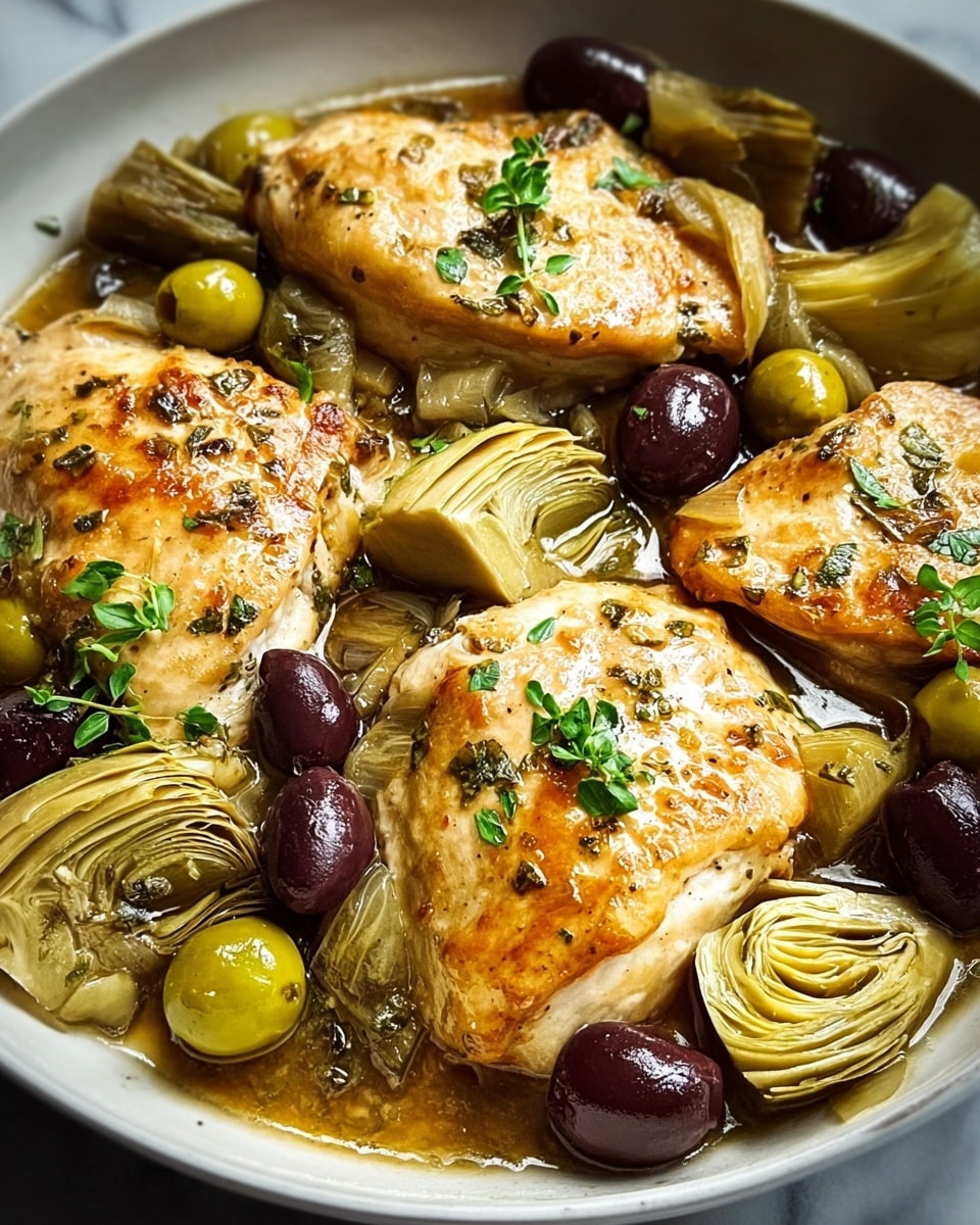 The image shows three pieces of cooked chicken breasts with golden-brown, slightly crispy skin on top, scattered with chopped green herbs. Around and beneath the chicken are cut artichoke hearts, whole green olives, and a few dark olives, all sitting in a glossy, light green herb sauce that covers the base of the white baking dish. The dish has a textured, juicy look with the chicken positioned close to each other and the vegetables filling the gaps around them. photo taken with an iphone --ar 4:5 --v 7