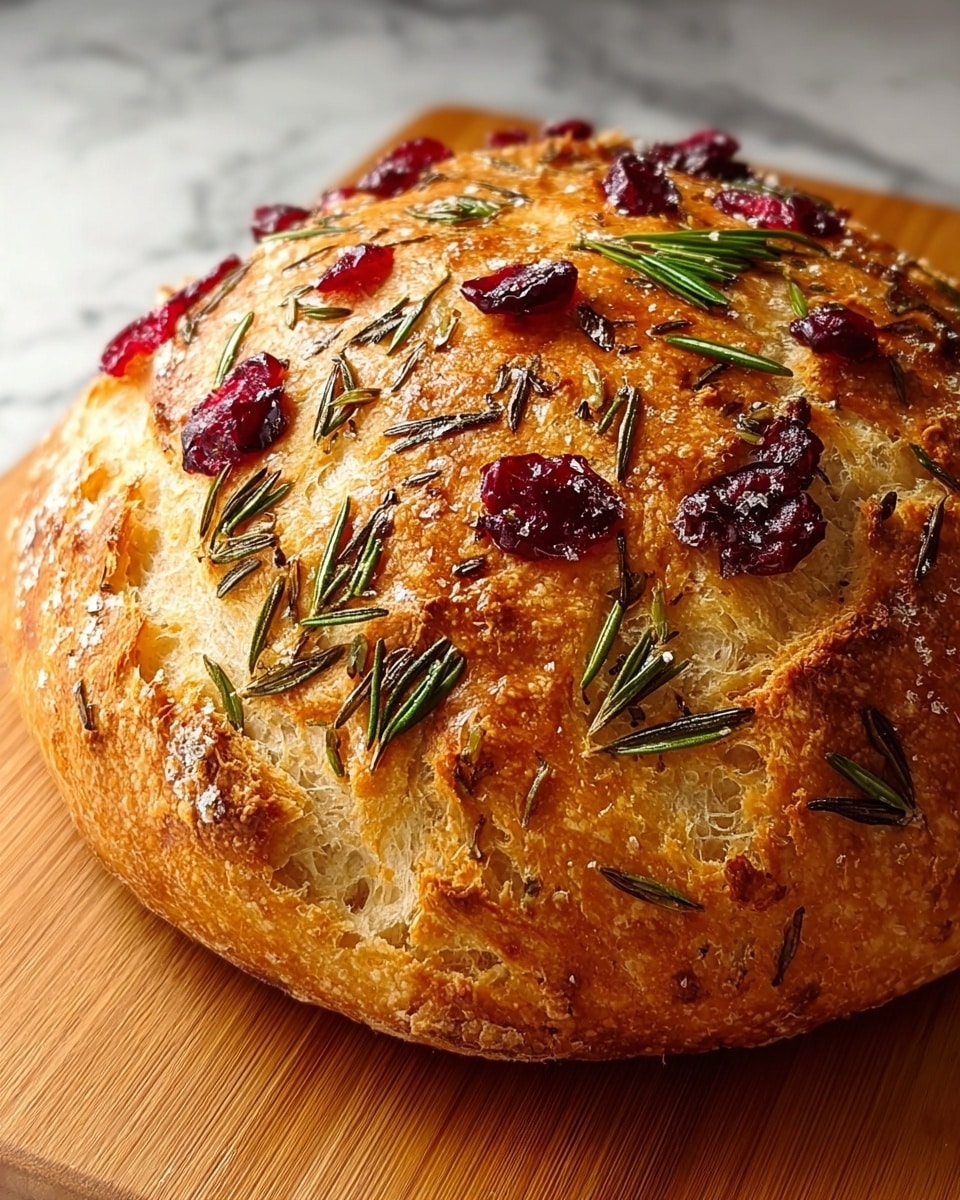 A round, golden-brown loaf of bread with a rough, crispy crust sits on a wooden board. The surface of the bread is textured with small cracks and is dotted with scattered sprigs of green rosemary and bright red dried cranberries. The crust glistens slightly, showing a light coating that makes it look fresh and crunchy. The background is a white marbled texture. photo taken with an iphone --ar 4:5 --v 7