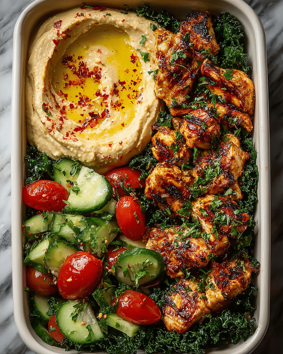 The image shows a white rectangular dish divided into three sections: the bottom left contains a smooth, creamy swirl of pale beige hummus with a well in the center holding golden olive oil and red chili flakes; the upper left section has a fresh salad made of bright green kale leaves, chunky light green cucumber pieces, and halved red cherry tomatoes mixed with herbs; the right side is covered with grilled golden-brown chicken chunks garnished with green herbs, resting on a bed of kale. The overall look is colorful with textures ranging from creamy to crisp and grilled. Photo taken with an iphone --ar 4:5 --v 7