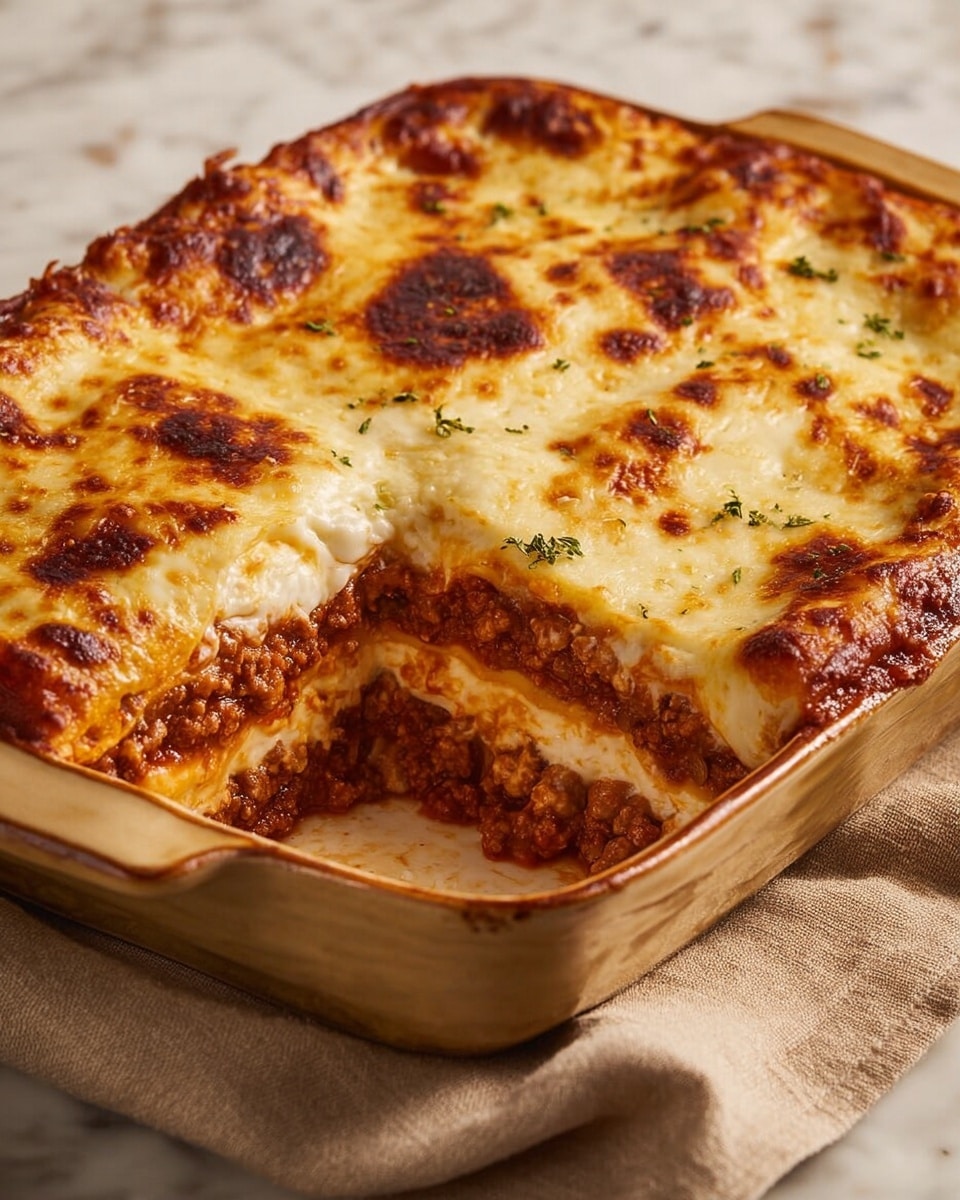 A baked lasagna in a rectangular ceramic dish with a golden brown, bubbly cheese layer on top that has darker toasted spots scattered across. One corner is cut out revealing three visible layers inside: the top cheese layer, a rich red-brown meat sauce layer with a thick texture, then a creamy white layer, followed by another meat sauce layer, and a final creamy white base layer. The dish sits on a soft beige cloth over a white marbled surface. Photo taken with an iphone --ar 4:5 --v 7