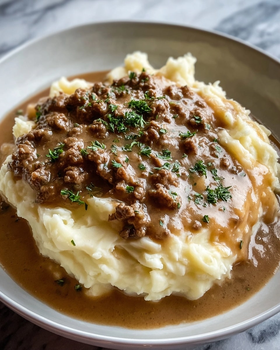 The dish shows a close-up of mashed potatoes as the base layer, creamy and fluffy with a pale off-white color, spread thickly and evenly on a white plate. On top, there is a rich brown ground beef gravy layer that looks thick and slightly glossy, covering the center mound of the mashed potatoes. Small pieces of cooked ground beef are visible within the gravy, adding texture, with tiny pieces of green garnish sprinkled lightly on top, providing a hint of color contrast. The photo is taken on a white marbled surface. photo taken with an iphone --ar 4:5 --v 7