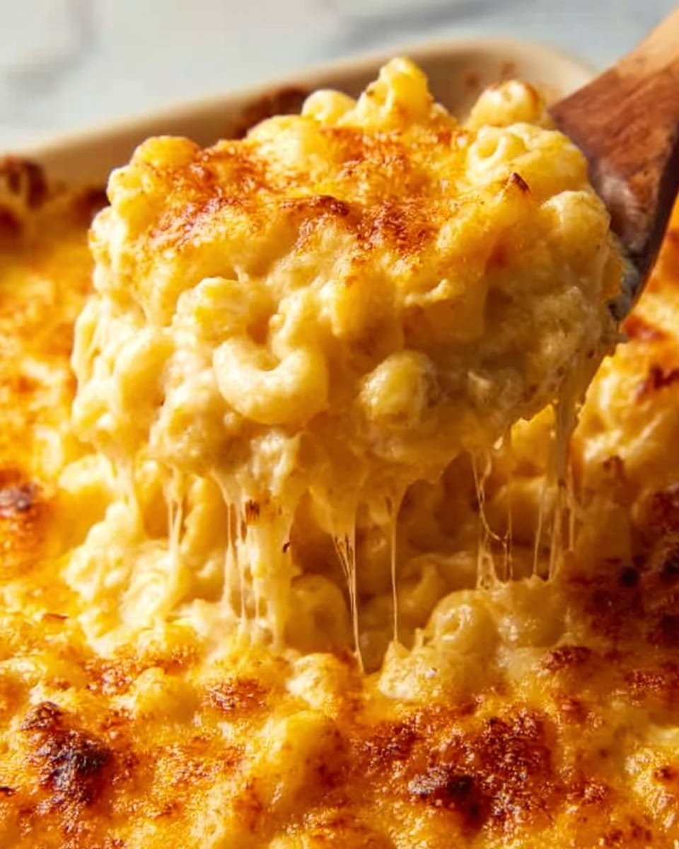 A close-up view of a baked macaroni and cheese dish, showing creamy, gooey melted cheese pulling away in stretchy strings as a spoon lifts a scoop. The top layer is golden brown with crispy spots and a slightly bubbled texture, while beneath it, the pasta is coated thickly in smooth, shiny cheese sauce in soft yellow and pale orange tones. The dish is served in a white bowl, set against a white marbled surface. photo taken with an iphone --ar 4:5 --v 7