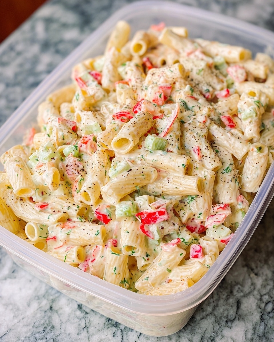The image shows a large clear plastic container filled with a creamy pasta salad. The salad has short tube-shaped pasta in light yellow, mixed with small pieces of vegetables including red bell peppers, diced purple onions, and green herbs evenly spread throughout. The creamy dressing gives the pasta a glossy, slightly thick texture with visible specks of black pepper and fresh herbs, creating a colorful and fresh look. The container is placed on a white marbled texture surface. Photo taken with an iphone --ar 4:5 --v 7