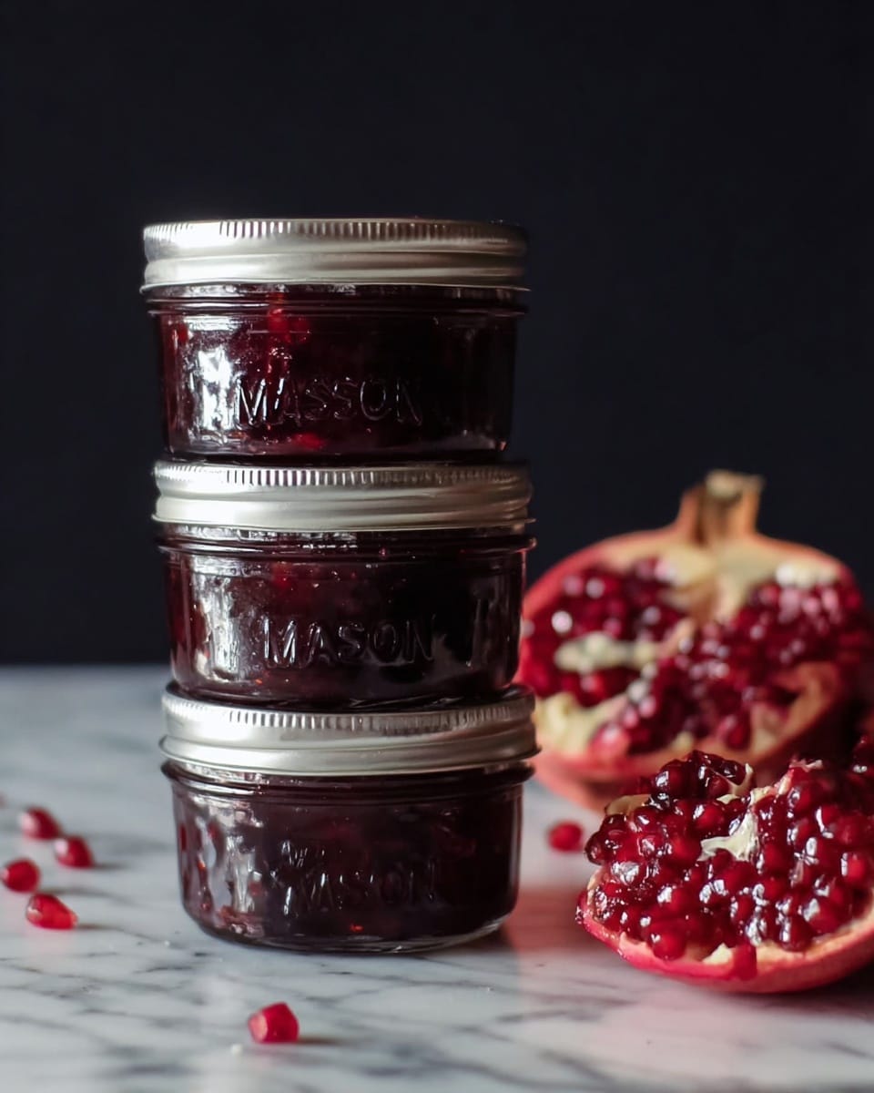 The image shows a white marble surface with an open glass jar filled with dark red, thick fruit jam. A silver spoon rests inside the jar, covered with the jam. Around the jar, there are bright red pomegranate seeds scattered and in the background, there is a split open pomegranate showing the shiny red seeds inside a light yellow peel. The scene has a clean and fresh look. Photo taken with an iphone --ar 4:5 --v 7