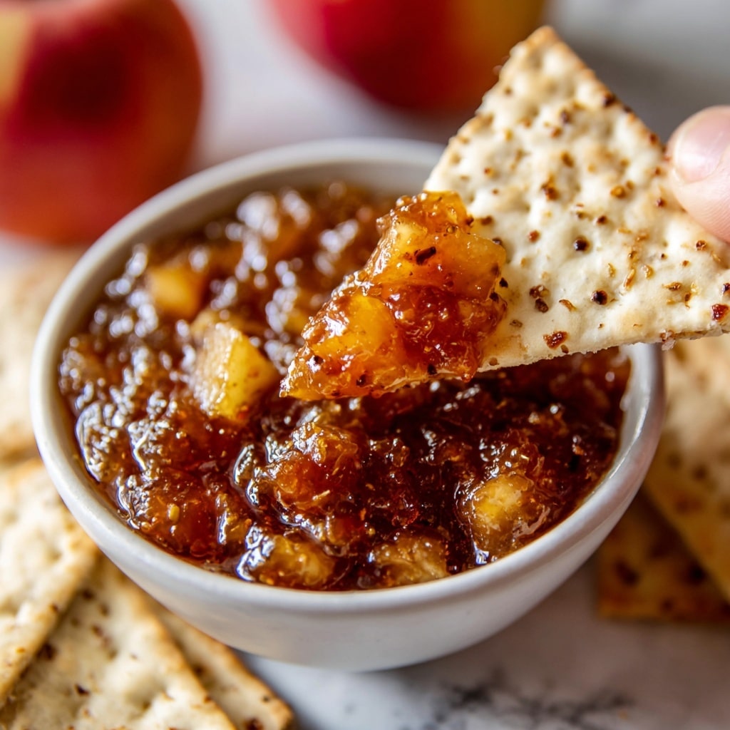 Close-up of a white bowl filled with a chunky apple cinnamon dip made of soft and glossy apple pieces mixed with a syrupy, dark cinnamon-spiced sauce. The dip is being scooped up by a triangular, light beige cracker with visible toasted spots, held by a woman's hand on the right side of the image. The background features two blurry red apples against a white marbled surface. The colors are warm and inviting, with shiny textures on the wet apple dip and a rough texture on the cracker. Photo taken with an iphone --ar 4:5 --v 7
