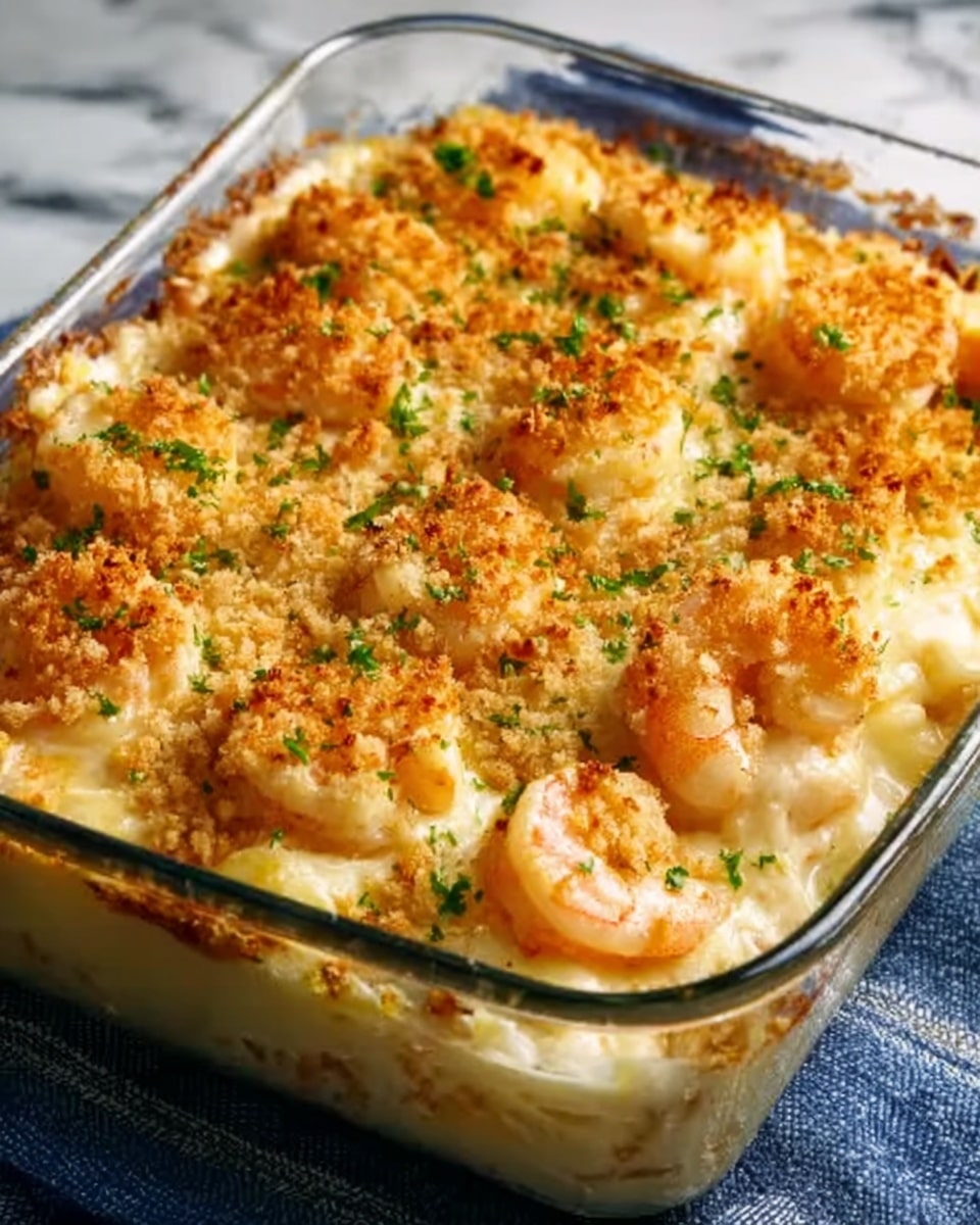 This dish is a baked shrimp casserole in a clear glass baking dish with two handles, placed on a white marbled surface. The casserole has three main visible layers: the bottom layer is creamy and pale yellow, likely a cheesy or sauce base; the middle layer is composed of whole shrimp, white with a hint of orange, evenly spread throughout; and the top layer is a golden-brown crunchy breadcrumb crust with green herbs sprinkled on it, giving a textured, crispy look. The edges of the casserole dish have some browned, slightly caramelized spots, adding to the rustic, home-cooked feel. Photo taken with an iphone --ar 4:5 --v 7