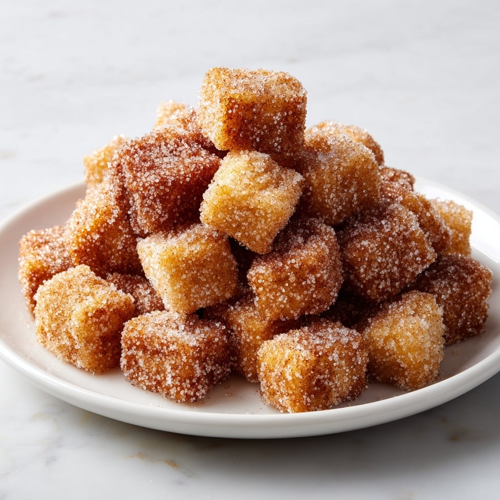 The image shows a pile of small, golden-brown cubes stacked on a white plate. Each cube is coated with a layer of sugar and cinnamon, creating a sparkling, granulated texture on the surface. The cubes have a slightly crispy outer layer with a soft, pale-yellow inside. The sugar coating gives a sparkly white contrast to the warm brown cinnamon dusting, making the cubes look crunchy and sweet. The plate sits on a white marbled surface with a blurred background. photo taken with an iphone --ar 4:5 --v 7
