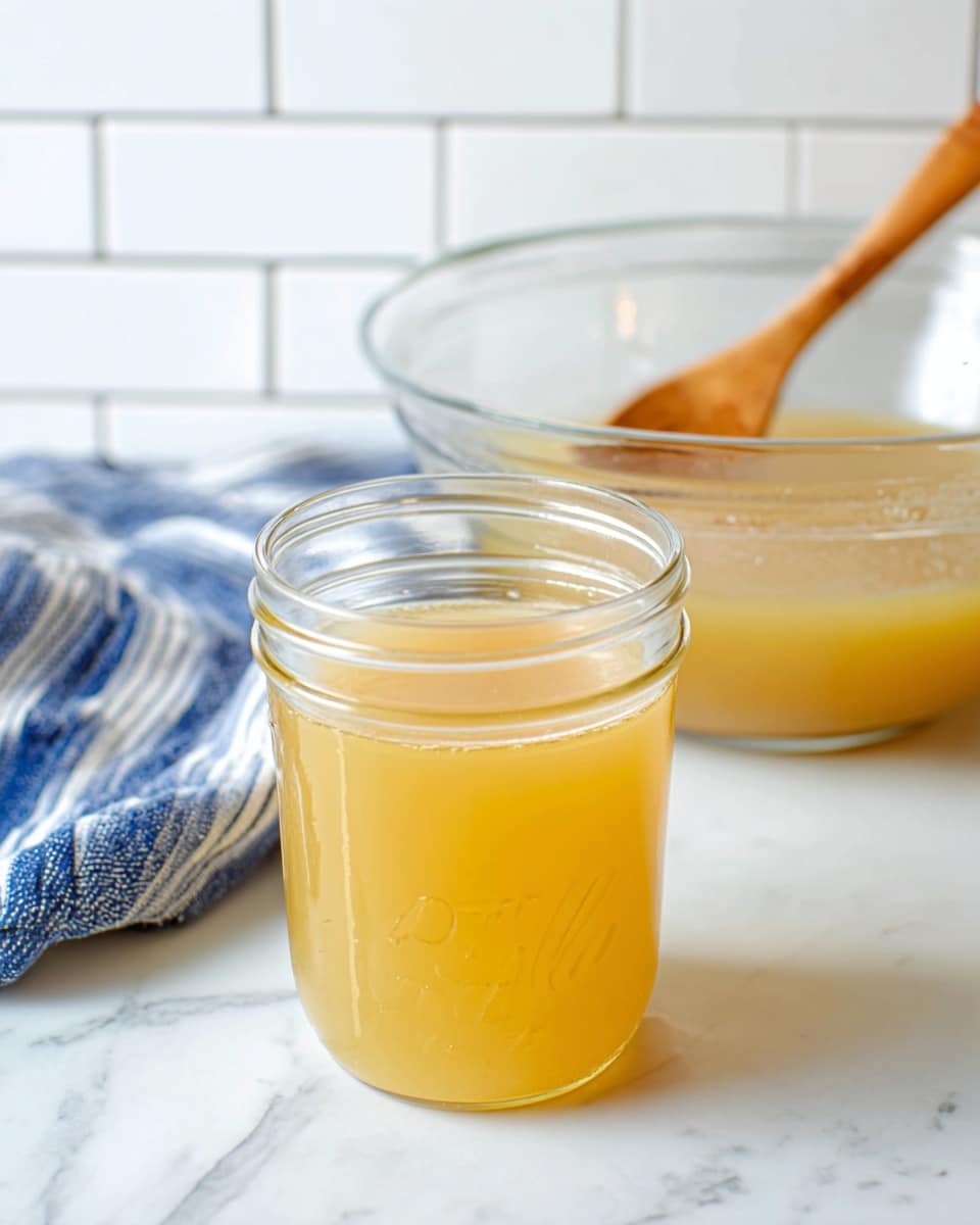 A clear glass jar is filled with a light golden-yellow liquid that looks smooth and slightly thick, placed on a white marbled surface. Behind the jar, there is a clear glass mixing bowl holding more of the same golden-yellow liquid, with a wooden spoon resting inside it. A blue-and-white striped cloth is partially visible near the bowl, and the background consists of white subway tiles, giving a clean and simple kitchen feel. photo taken with an iphone --ar 4:5 --v 7