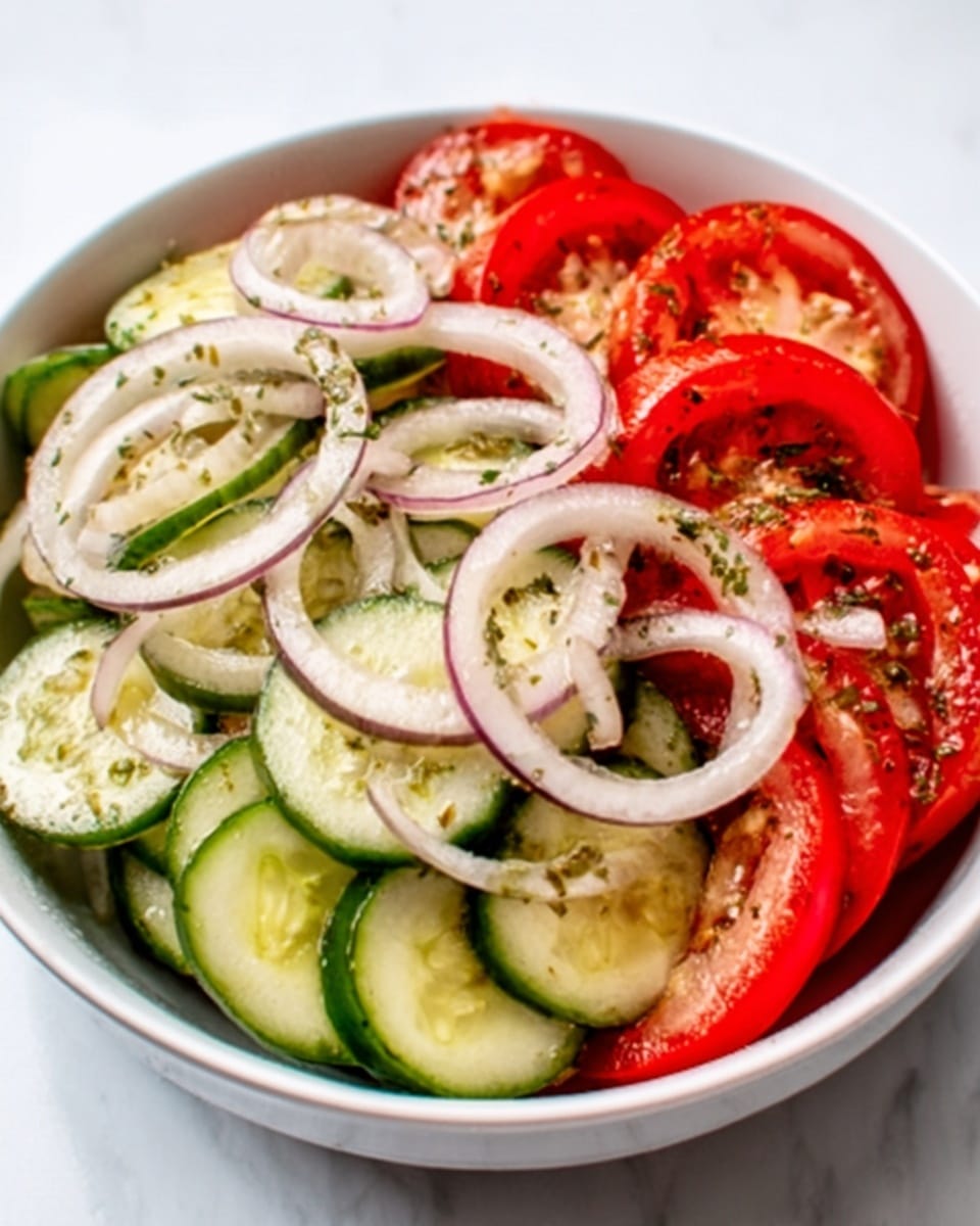 A white bowl filled with a fresh salad showing three layers: the bottom layer is light green cucumber slices with smooth edges, the middle layer consists of thick red tomato wedges, and the top layer has thin white onion rings with some green herb sprinkles and a light dressing that gives a slight shine. The bowl sits on a white marbled surface. photo taken with an iphone --ar 4:5 --v 7