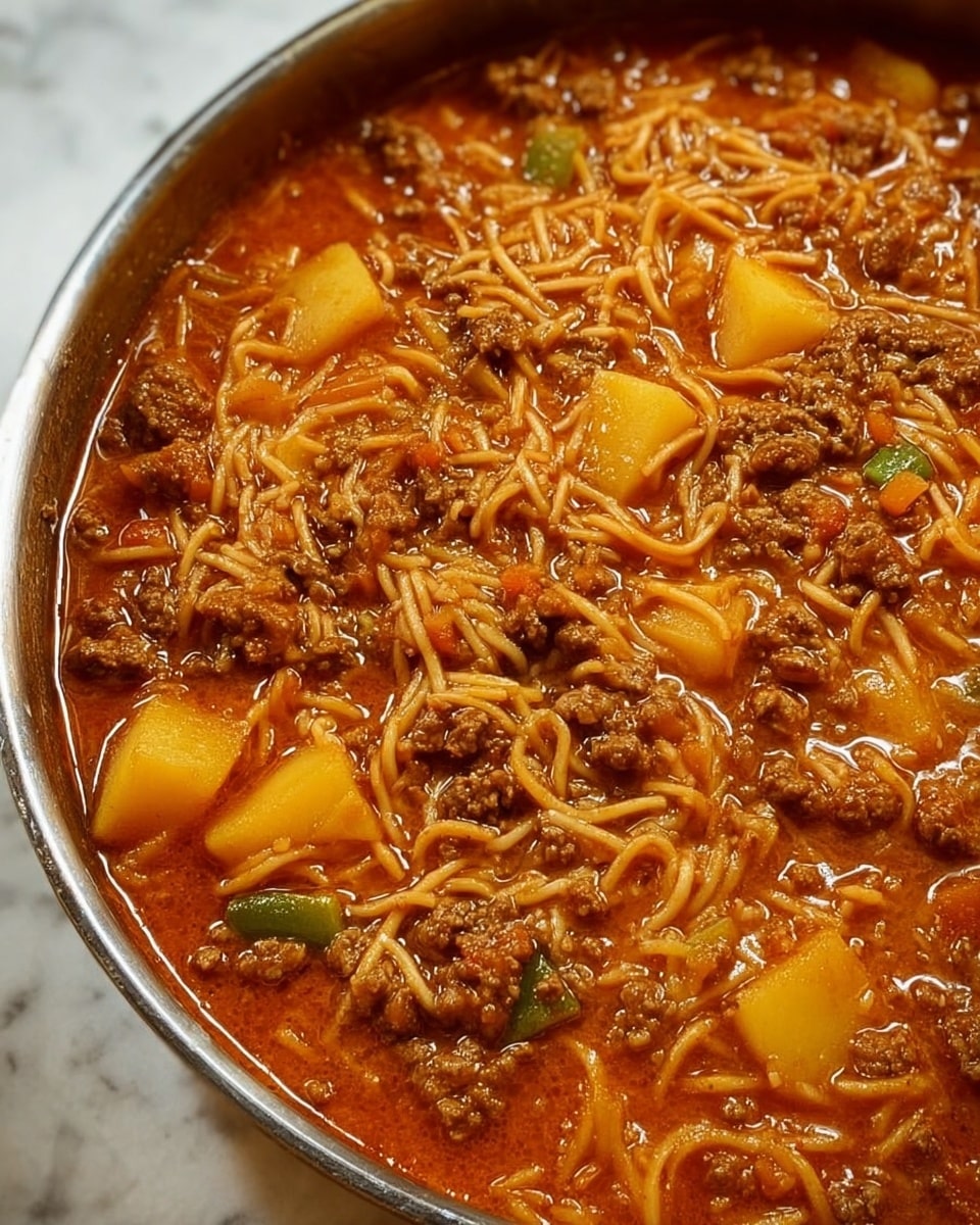 The dish is in a deep metal pot filled with a thick stew. The base layer is a rich orange-red broth with visible oil glistening on the surface. Floating throughout the stew are soft yellow potato cubes and small green vegetable pieces. Mixed in are thin, light brown noodle strands and small chunks of dark brown minced meat, evenly distributed across the dish. The texture looks hearty and chunky, with the noodles and meat giving a fibrous feel, while the potatoes add blocky shapes. The stew fills the pot nearly to the top, showing a dense and well-cooked consistency. photo taken with an iphone --ar 4:5 --v 7