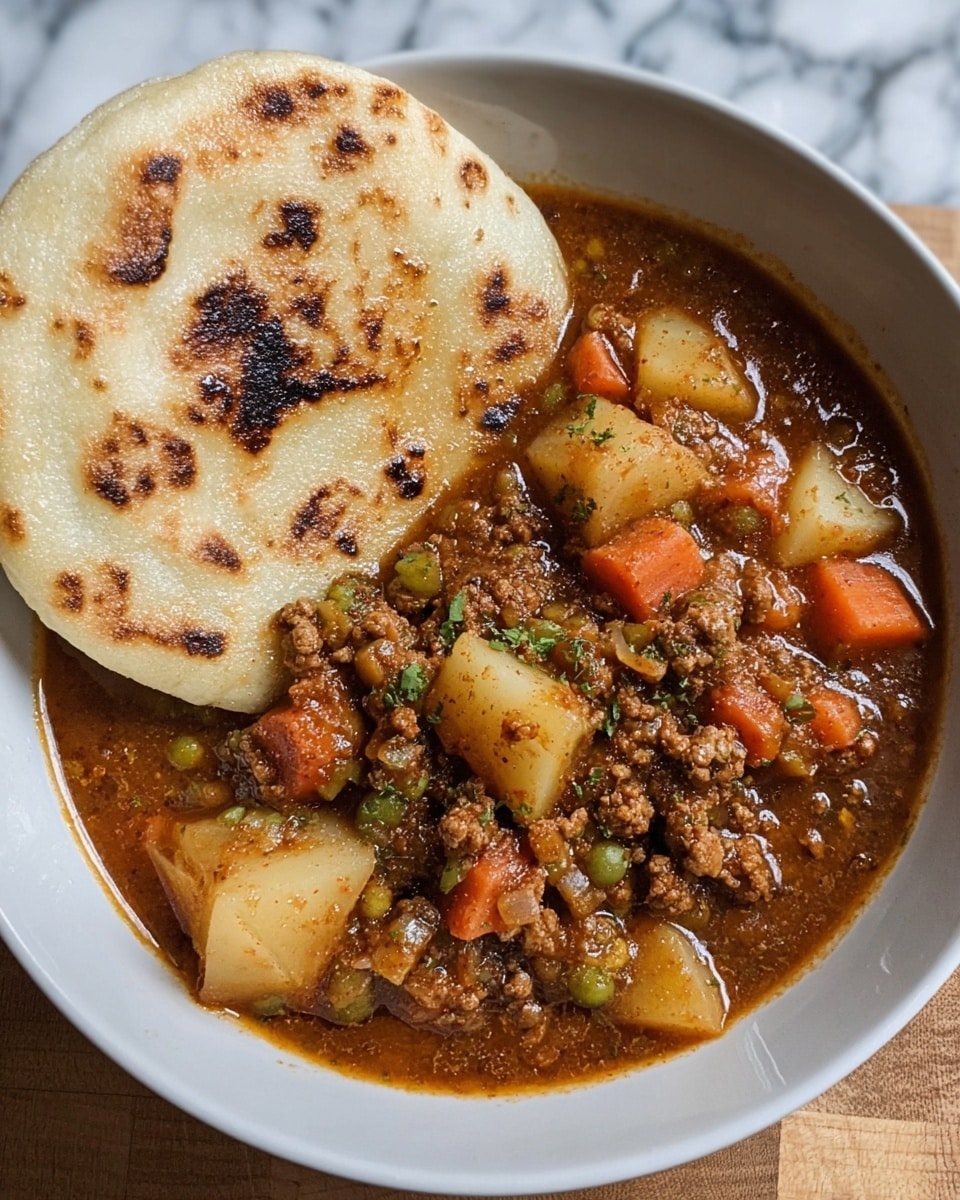 A bowl of thick stew is shown with a rich brown sauce base filled with chunks of cooked ground meat, large pieces of light yellow potatoes, orange carrots, and small green vegetable bits, all mixed together. One side of the white bowl is topped with a round, lightly browned flatbread with some darker toasted spots. The stew looks hearty and chunky, with a moist, slightly glossy texture, pooling around the bread. The bowl sits on a white marbled surface. photo taken with an iphone --ar 4:5 --v 7