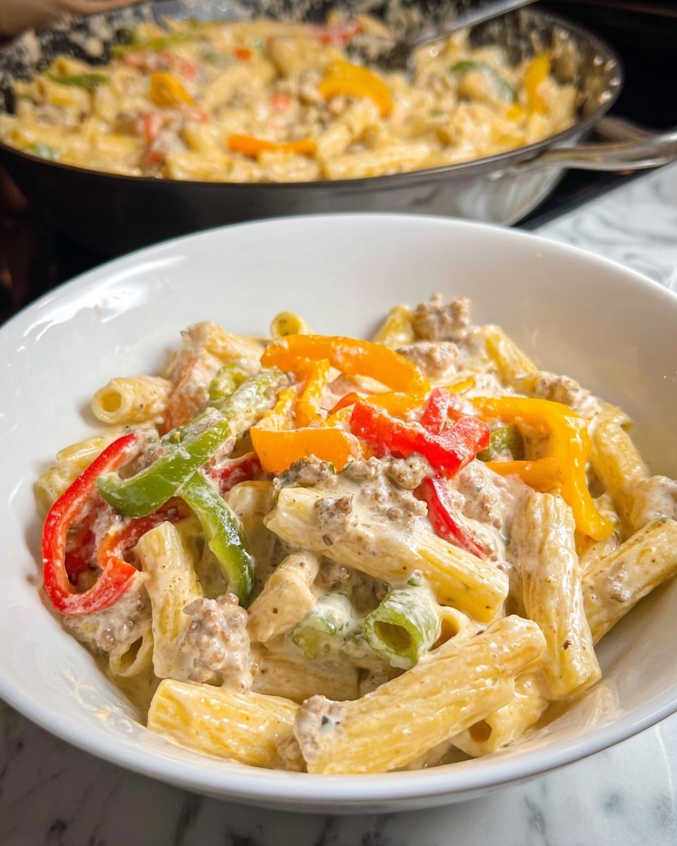 A deep pan filled with creamy baked pasta showing three visible layers: the bottom layer with beige penne pasta mixed with small bits of browned meat, the middle layer with melted white cheese covering the pasta and meat, and the top layer featuring colorful slices of cooked bell peppers in red, orange, and green, scattered evenly with sprinkles of green herbs adding contrast. The cheese appears slightly melted and gooey, blending with the peppers and pasta, all set inside a well-used grey pan resting on a white marbled surface. photo taken with an iphone --ar 4:5 --v 7