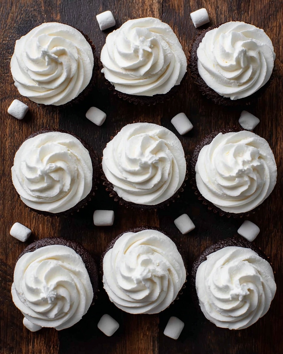 Nine chocolate cupcakes are neatly placed in a 3 by 3 grid on a dark wooden surface with scattered small white marshmallows around them. Each cupcake has one thick, soft layer of rich, dark brown cake topped with a large swirl of smooth, white whipped cream frosting that is piped in a circular motion creating a soft, fluffy texture with defined ridges. The deep dark cake contrasts sharply with the bright white frosting, making the frosting look light and airy. The photo is taken from a top-down view with even light that highlights the creamy texture and swirl pattern, with no edges of plates or bowls visible. Photo taken with an iphone --ar 4:5 --v 7