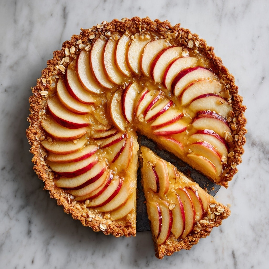 The image shows a round apple tart with a golden brown crust that looks crispy and slightly shiny, sprinkled with small oats around the edges. The tart has thin apple slices arranged in overlapping concentric circles, starting from the outer edge and moving inward, with a mix of pale yellow and light red colors from the apple skins. One slice is cut and slightly pulled out, showing the same layered apple slices on top of the crisp crust. The tart is placed on a white marbled surface, and there is a knife with a dark wooden handle and silver blade resting on the surface near the tart. photo taken with an iphone --ar 4:5 --v 7