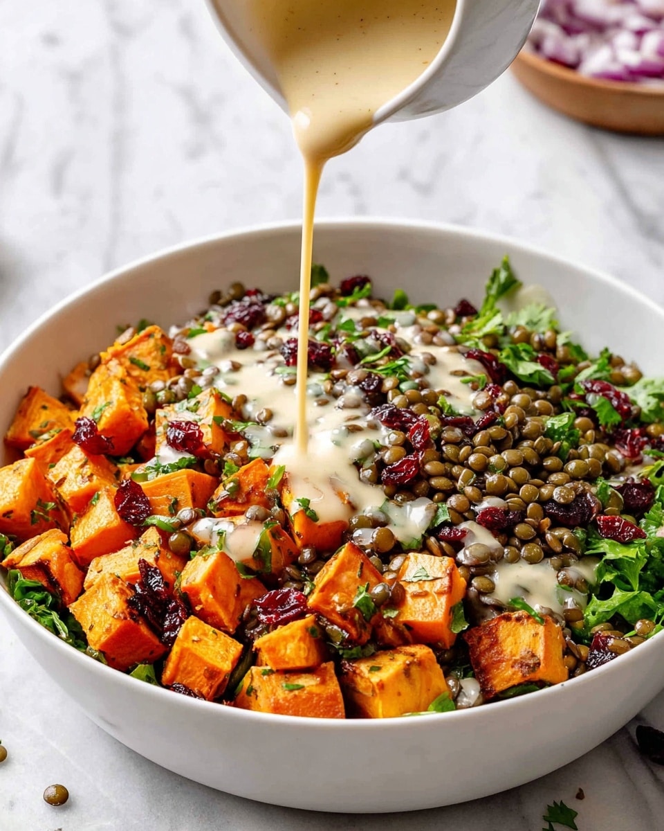 A white bowl holds a colorful salad with several layers visible. The bottom layer is a mix of green lentils with some darker red dried cranberries scattered throughout. Above that, there are many small orange cubes of roasted sweet potato with a slightly crispy texture. Interspersed among these are small pieces of chopped red onion, adding small pops of pale purple. Fresh green herbs, likely parsley or cilantro, are sprinkled all over the salad, adding bright green flecks. Creamy beige dressing is drizzled unevenly on top, partially soaking into the ingredients, making some areas look glossy. A metal spoon leans on the right side of the bowl, touching the food, and the background features a white marbled texture. Photo taken with an iphone --ar 4:5 --v 7