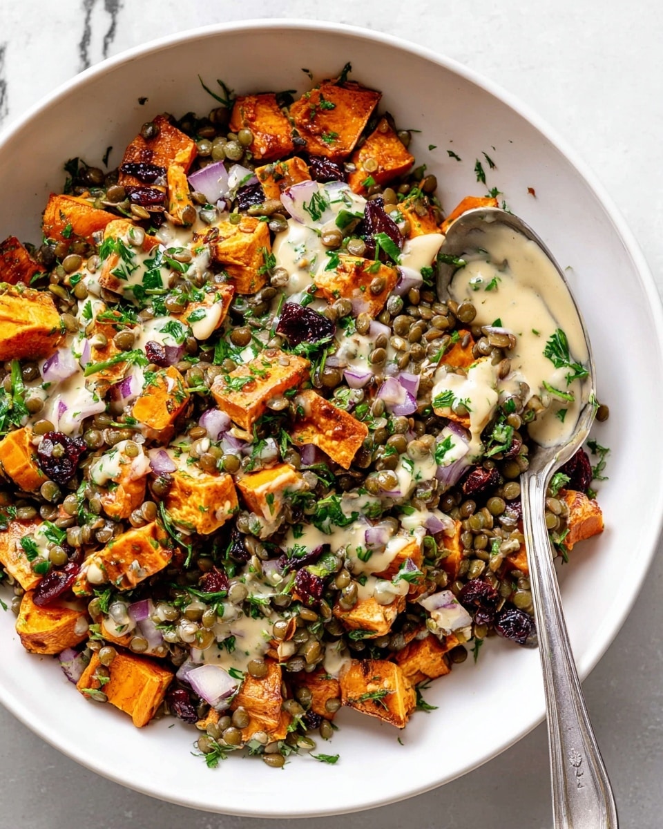 A white bowl filled with a colorful salad consisting of three main layers: the bottom layer is green lentils with a smooth, firm texture; the middle layer includes cubed orange roasted sweet potatoes with a slightly crispy surface; the top layer is scattered with small pieces of chopped red onion and dried dark red cranberries, all sprinkled with fresh green parsley leaves. A creamy light beige dressing is being poured from a white small jug on top, creating a flowing stream that lands on the salad. The bowl sits on a white marbled surface with some chopped red onion and parsley in the background. photo taken with an iphone --ar 4:5 --v 7