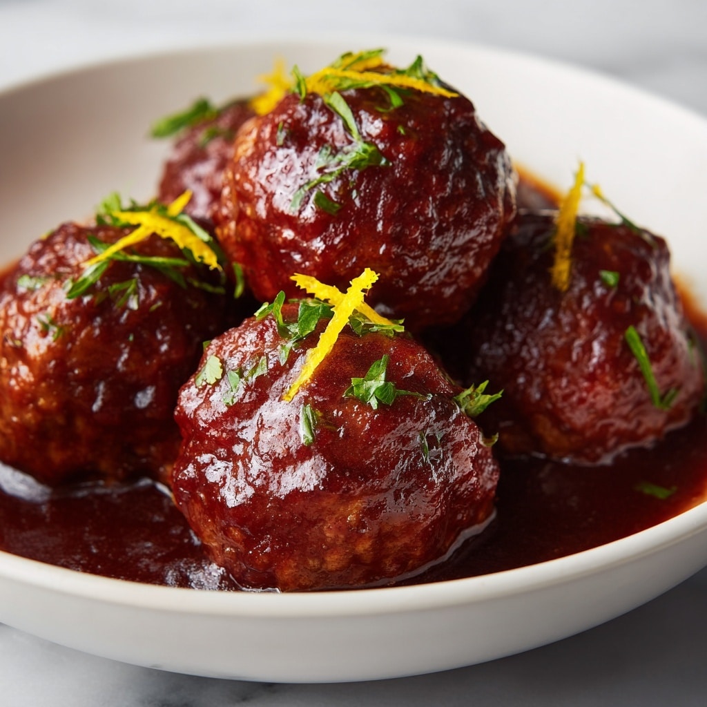 A white bowl filled with round meatballs coated in a thick, shiny deep red sauce. Each meatball is topped with small pieces of green herbs and thin strips of bright yellow zest, adding color contrast. The texture of the sauce looks smooth and sticky, covering the slightly bumpy surface of the meatballs. The bowl is placed on a white marbled surface. photo taken with an iphone --ar 4:5 --v 7