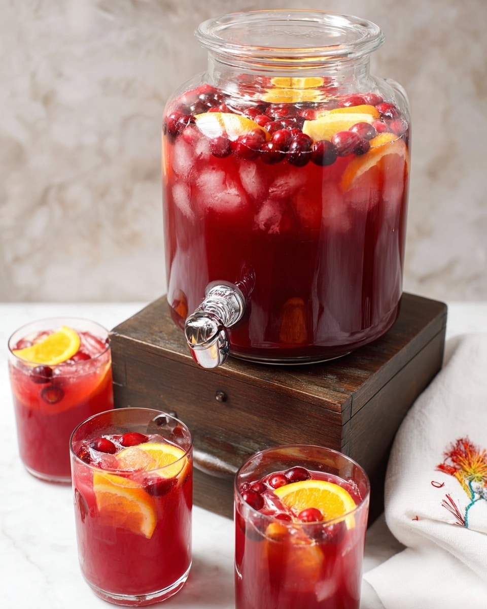 The image shows a large clear glass drink dispenser filled with a deep red beverage, topped with floating ice cubes, bright orange slices, and red cranberries. The dispenser sits on a dark wooden box against a white marbled surface. In front of it, there are three short clear glasses filled with the same red drink, each garnished with orange slices, cranberries, and ice cubes, creating bright orange and red pops of color in the drink. A white cloth with a small colorful design peeks from the right side. Photo taken with an iphone --ar 4:5 --v 7
