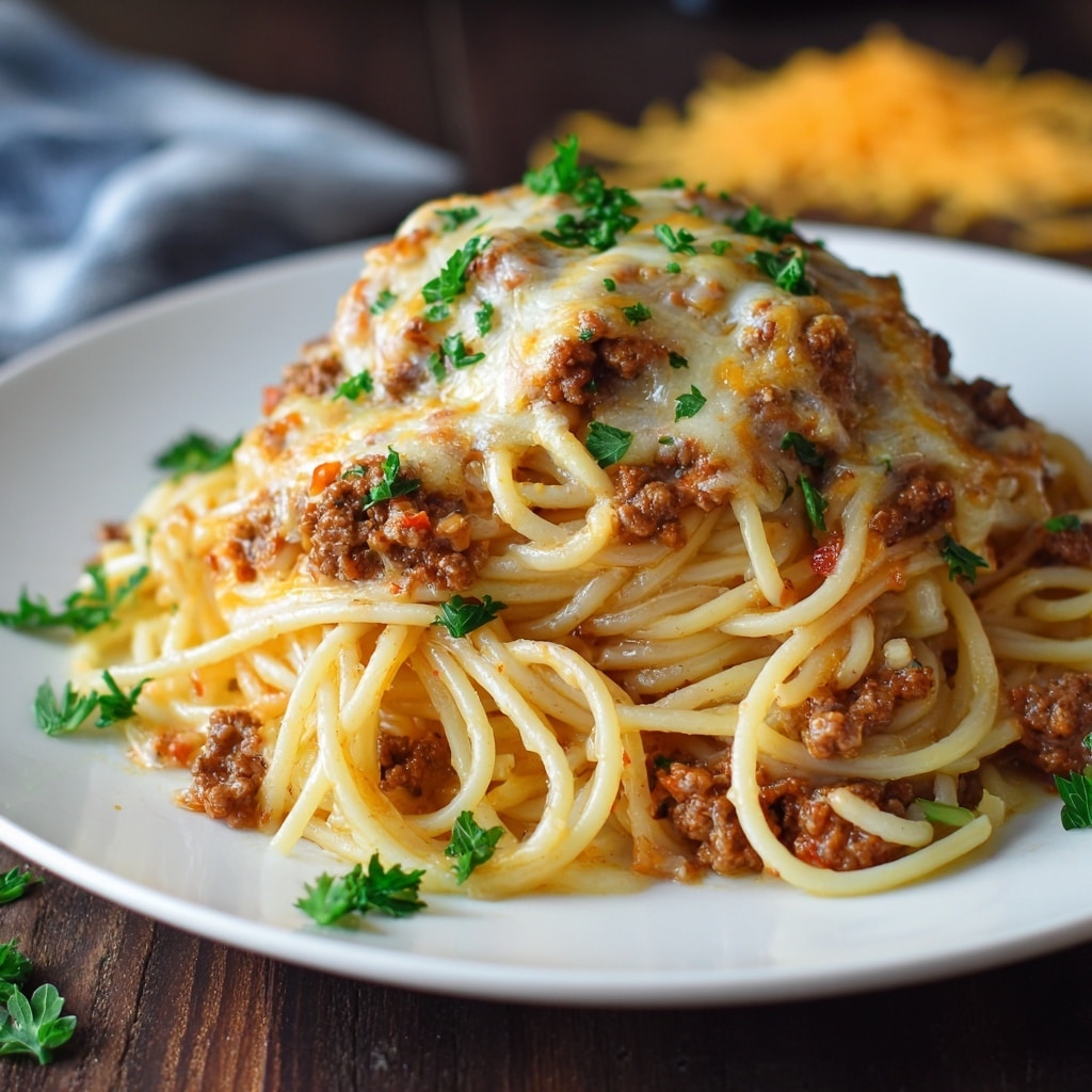 A white plate holds a mound of creamy spaghetti topped with melted, lightly browned cheese and garnished with small green parsley leaves. The spaghetti noodles are mixed with a rich, reddish-brown sauce that has visible chunks of ground meat and small bits of red pepper. The melted cheese layer sits unevenly on top, showing some gooey texture and golden spots. The plate is on a dark wooden surface with a few shredded cheese pieces scattered around. Photo taken with an iphone --ar 4:5 --v 7