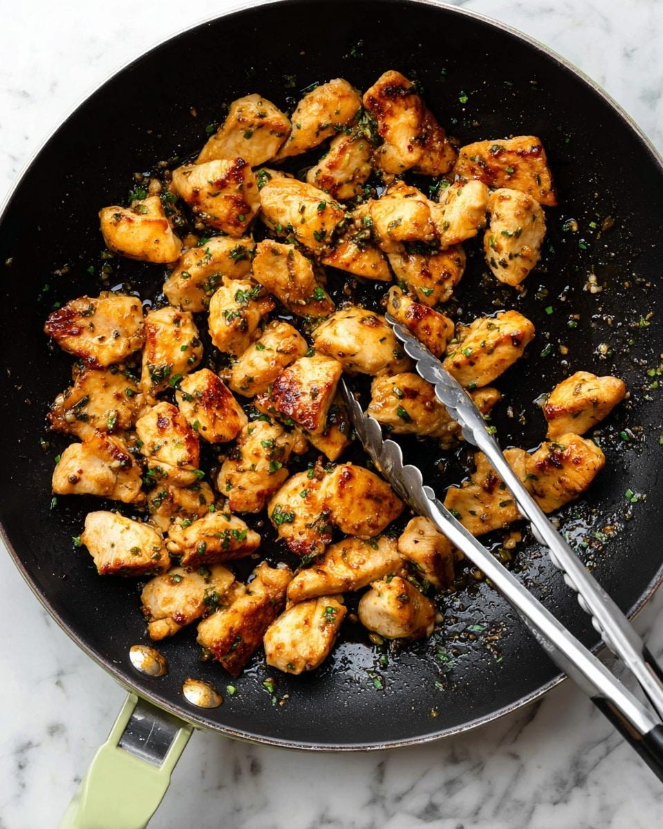The image shows a single layer of golden-brown cooked chicken pieces in a black frying pan with light green handles. The chicken chunks are irregular in shape and have a slightly crispy texture with some herbs sprinkled on them, giving small green spots of color. Black and silver tongs grasp some pieces on the right side. The pan sits on a white marbled surface. photo taken with an iphone --ar 4:5 --v 7