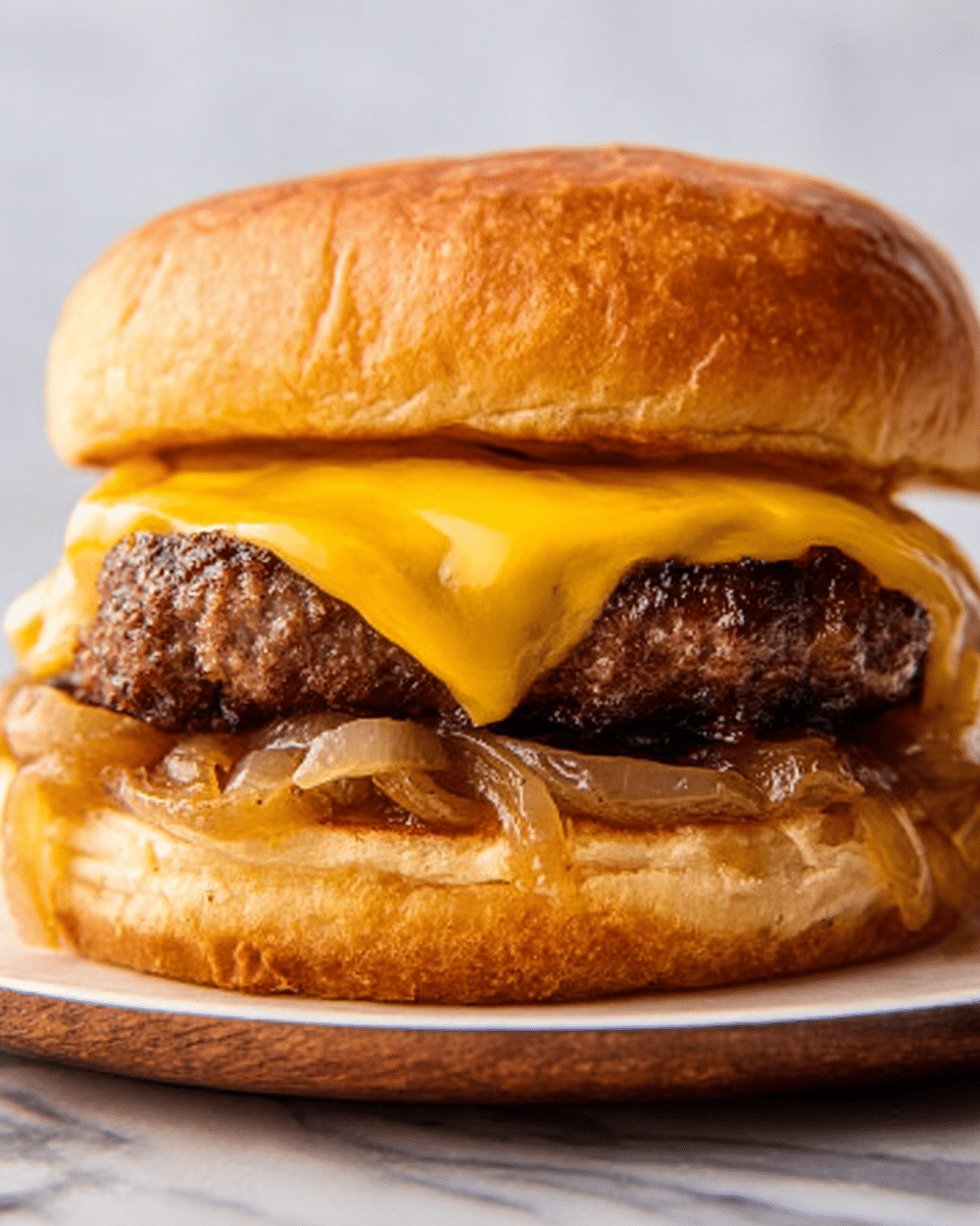 A close-up view of a cheeseburger with one white bun on top and one white bun on the bottom. The top bun is soft and golden brown with a slight texture. Underneath the top bun is one slice of melted yellow cheese that covers a thick, juicy brown beef patty with a grilled texture. Below the patty is a layer of cooked onions that are light brown and slightly shiny, resting on the bottom bun. The bottom bun is fluffy and golden brown like the top, all set on a white marbled surface. photo taken with an iphone --ar 4:5 --v 7
