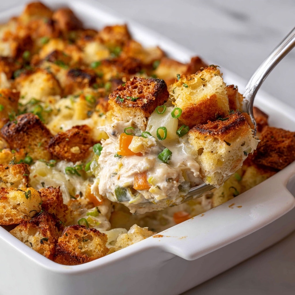 A close-up of a white ceramic baking dish filled with a layered casserole. The top layer is a thick, golden-brown crunchy bread crumb topping with scattered small green onion pieces. Underneath, there is a creamy mix of diced white potatoes, tender chicken chunks, peas, and orange carrot bits in a light sauce, all mixed with herbs visible throughout. A silver spoon lifts a portion from the corner, showing the layers inside clearly. The dish sits on a white marbled surface. Photo taken with an iphone --ar 4:5 --v 7