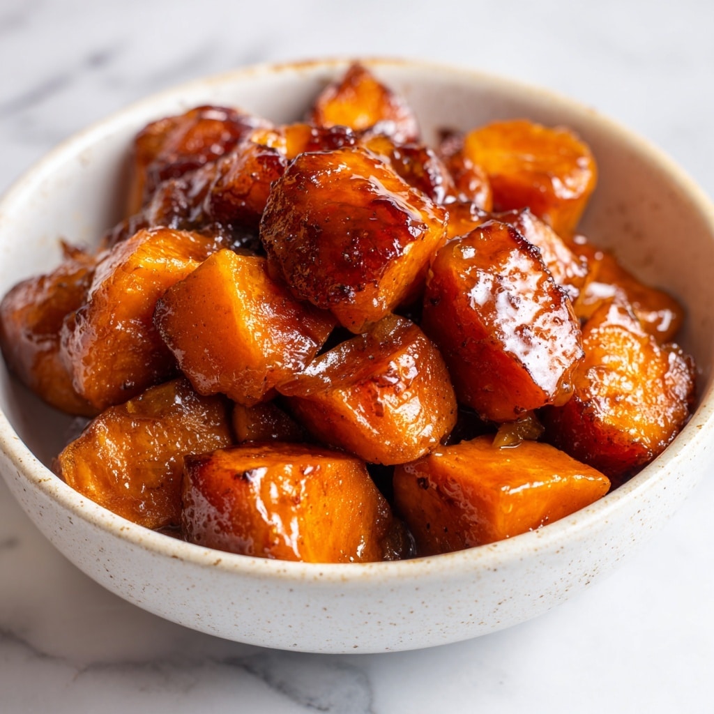 A white plate holds a pile of shiny, sticky cubed sweet potatoes, each piece coated with a rich, dark caramel glaze that glistens under soft light. The sweet potatoes are deep orange with slightly crispy, browned edges, showing a sugary texture with black specks of seasoning on top. The cubes are stacked unevenly, with syrup pooling slightly around the bottom, creating a warm and inviting look against a white marbled surface. photo taken with an iphone --ar 4:5 --v 7