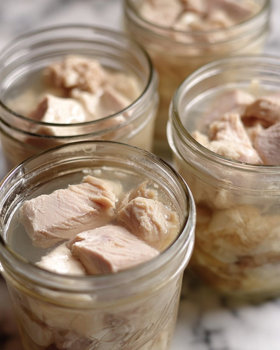 The image shows four clear glass jars filled with pieces of cooked chicken submerged in a light, slightly cloudy broth. Each jar is filled close to the top, displaying chunks of chicken that are mostly pale pinkish-white with some parts slightly brown or tan, signifying cooked texture. The chicken pieces have a soft, tender appearance with some fibrous detail visible, suspended in the clear to slightly milky liquid. The jars are placed on a surface with a white marbled texture, and the focus is on the nearest jar, with the others softly blurred in the background. photo taken with an iphone --ar 4:5 --v 7